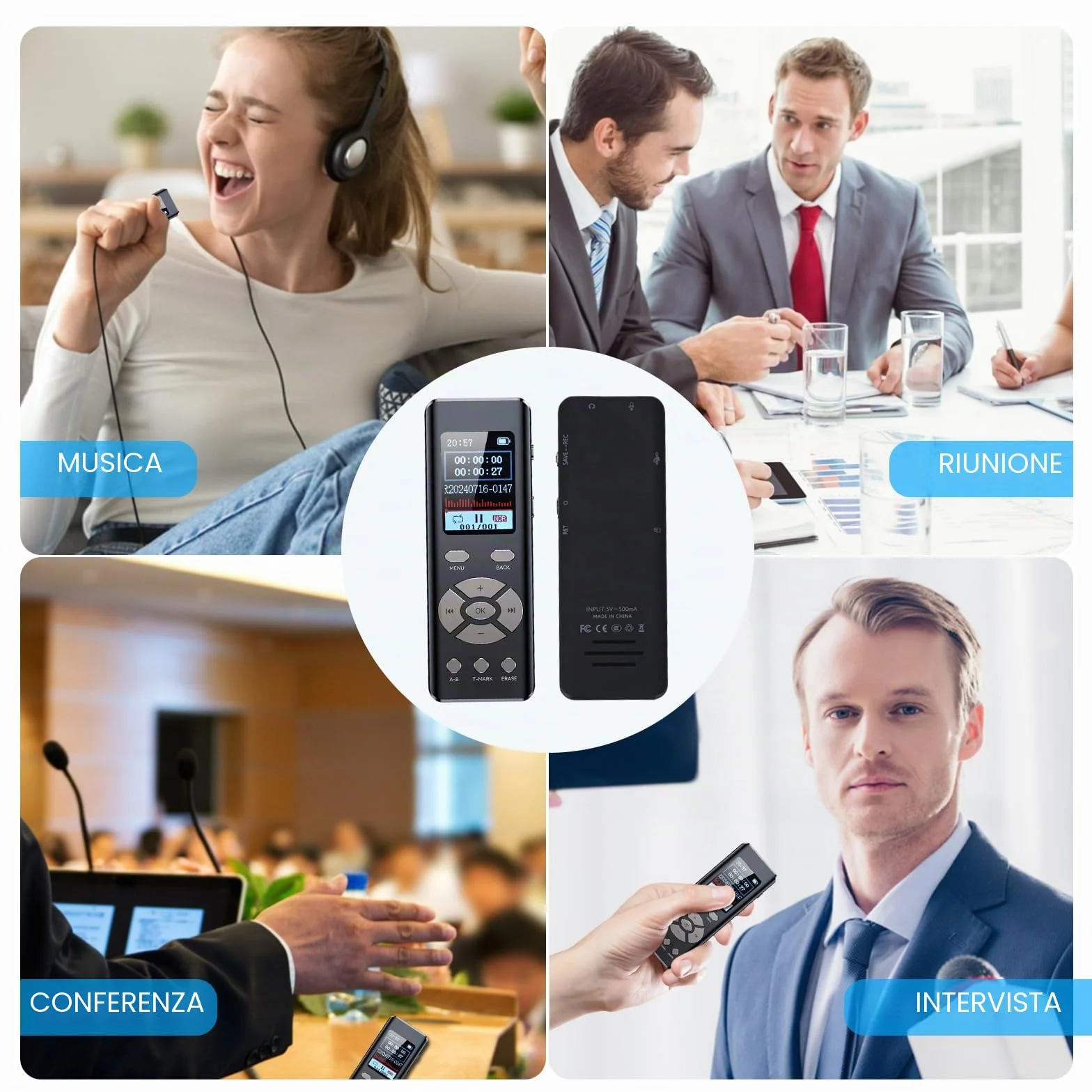 Registratore vocale digitale 64G, dittafono MP3 con funzione loop A-B, registrazione HD 1536 Kbps
