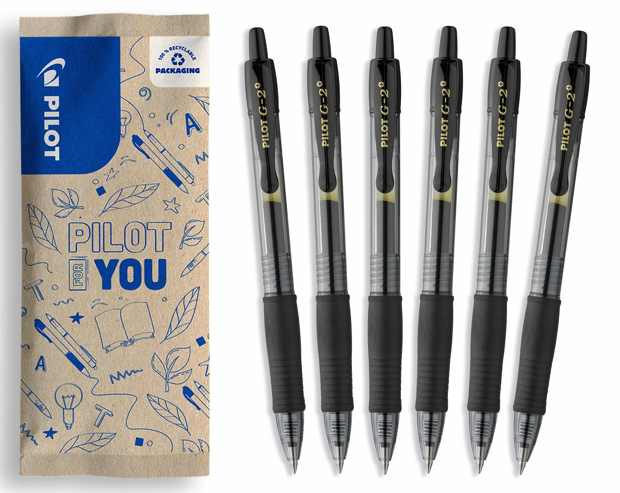 PILOT G2 Plus Set di 6 Penne Roller in Gel a Scatto Ricaricabili Nero Punta Media