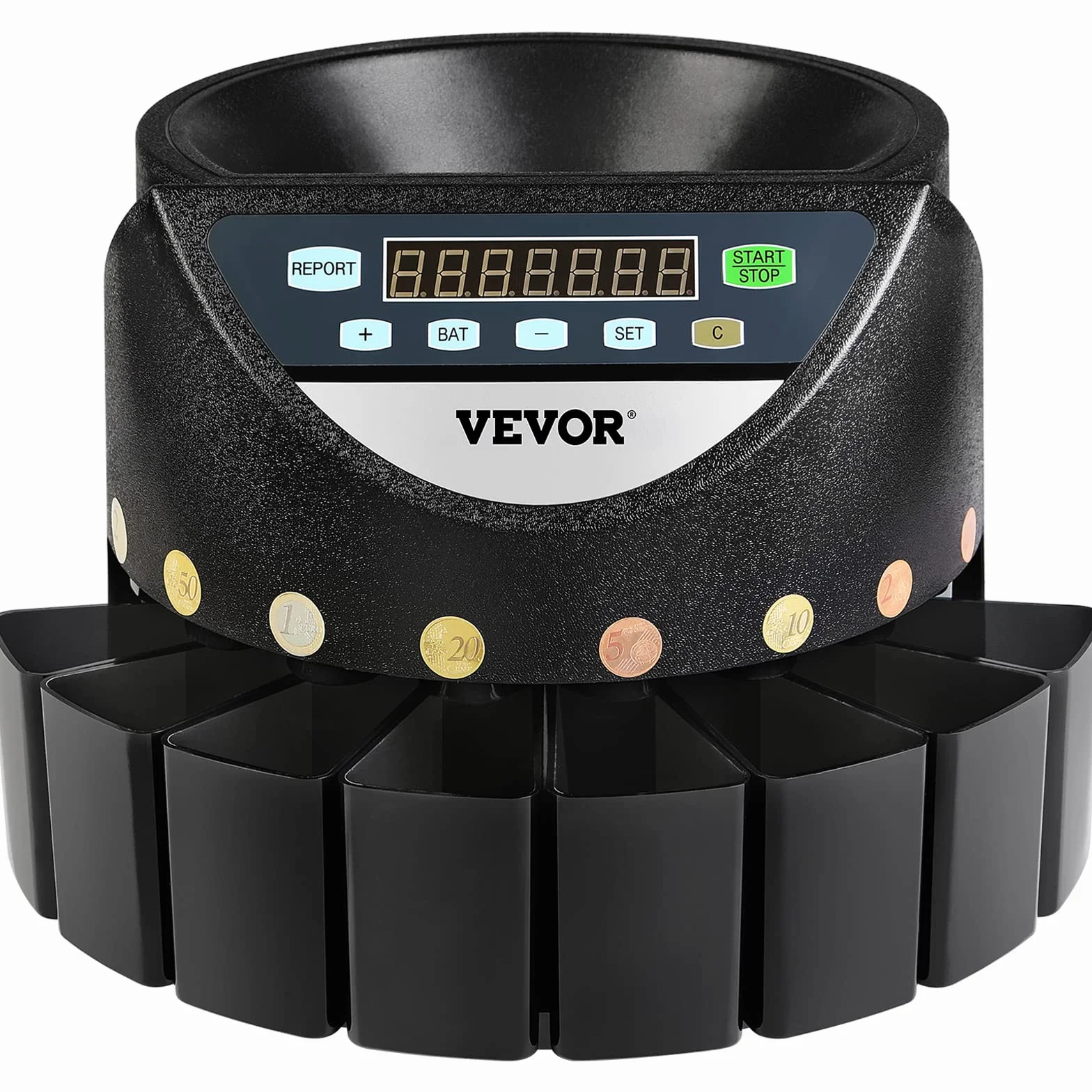 VEVOR Macchina Contamonete 500-1000 Monete in Euro Separatore per Monete Contamonete Velocità 300 pezzi/minuto Display a LED 7 Cifre Pannello Controllo 8 Cassetti, Tabaccheria, Scuole, Negozio, Banca