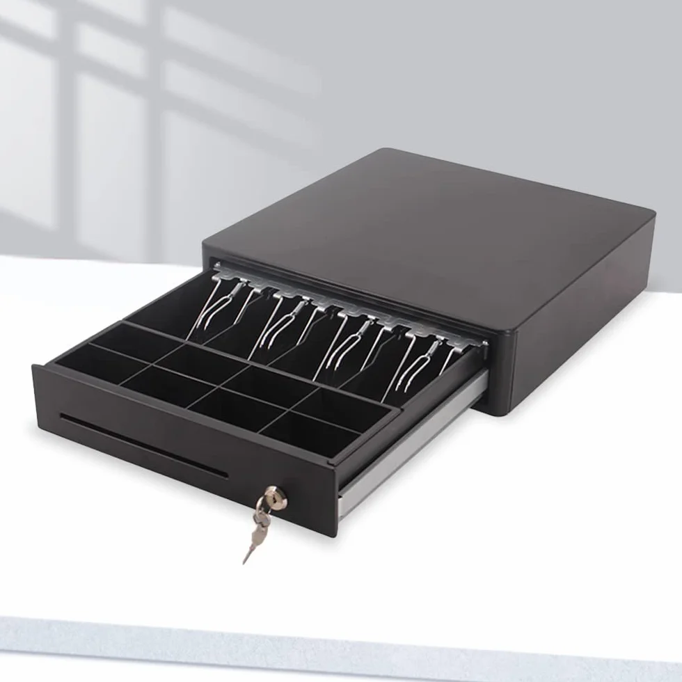 Cassetto porta denaro per registratore di cassa e stampante fiscale RT 4 banconote, 8 monete - struttura in acciaio, angoli smussati, con chiave ed apertura elettronica, nuovo design (Mod.350 - NERO)