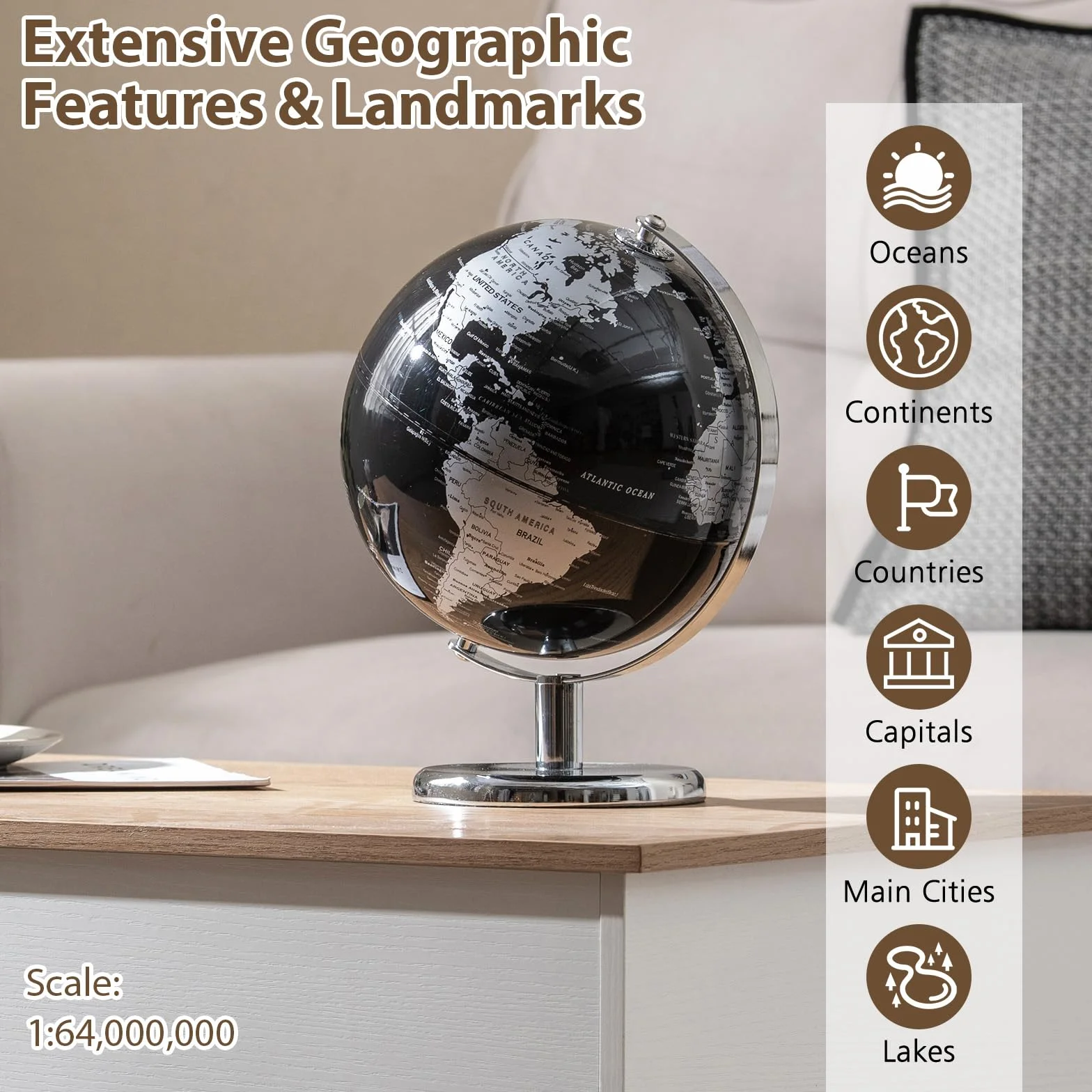 LIFEZEAL Globo antico da 20 cm, con base in metallo argentato, sfera del mondo per studenti e adulti, decorazione per aule, casa, ufficio (argento)