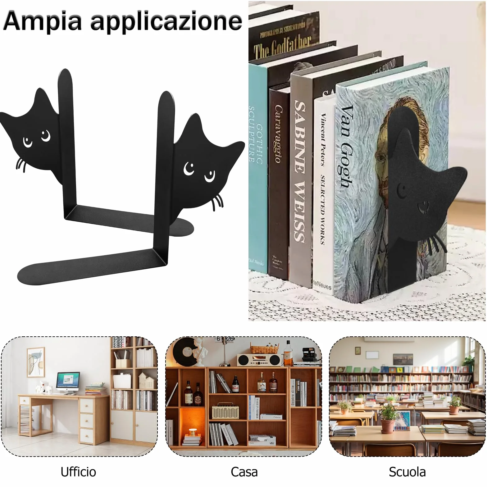 Fermalibri in Metallo a Forma Di Gatto, 2 Pezzi, per Bambini, Scuole, Uffici, Camere Da Letto (Nere)
