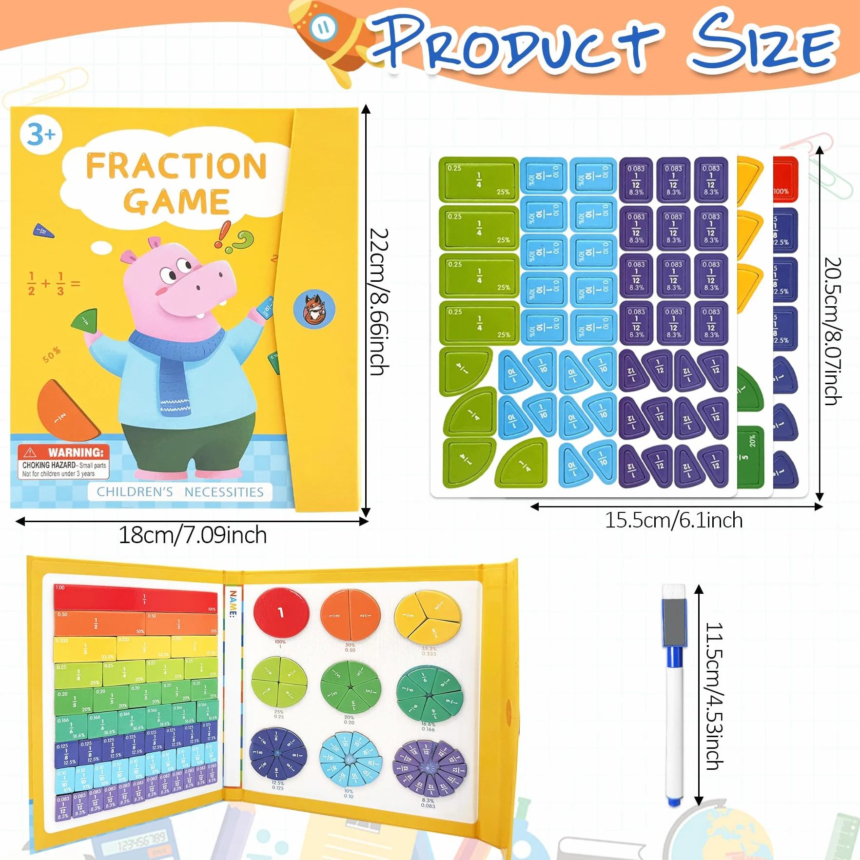 Piastrelle Magnetiche per Frazioni, Cerchi di Frazione con Percentuali e Decimali - Set Materiali Matematica Montessori