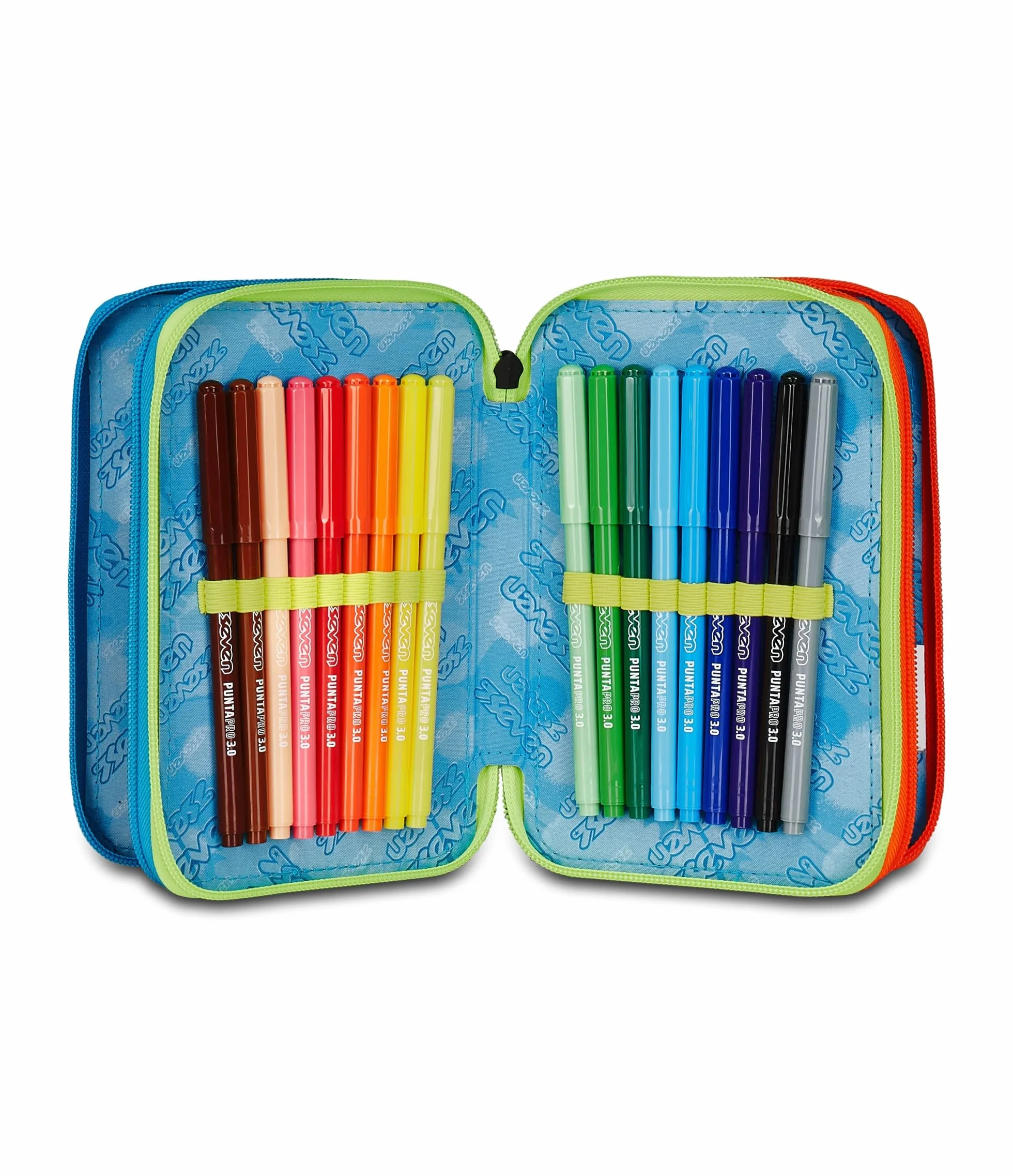 Seven Astuccio Scuola 3 Zip SCRIBBLED FLAME, Blu, Portapenne Triplo Scomparto Completo Di Penne, Matite, Colori, Accessori Zaino, Scuola Elementare, Bambino