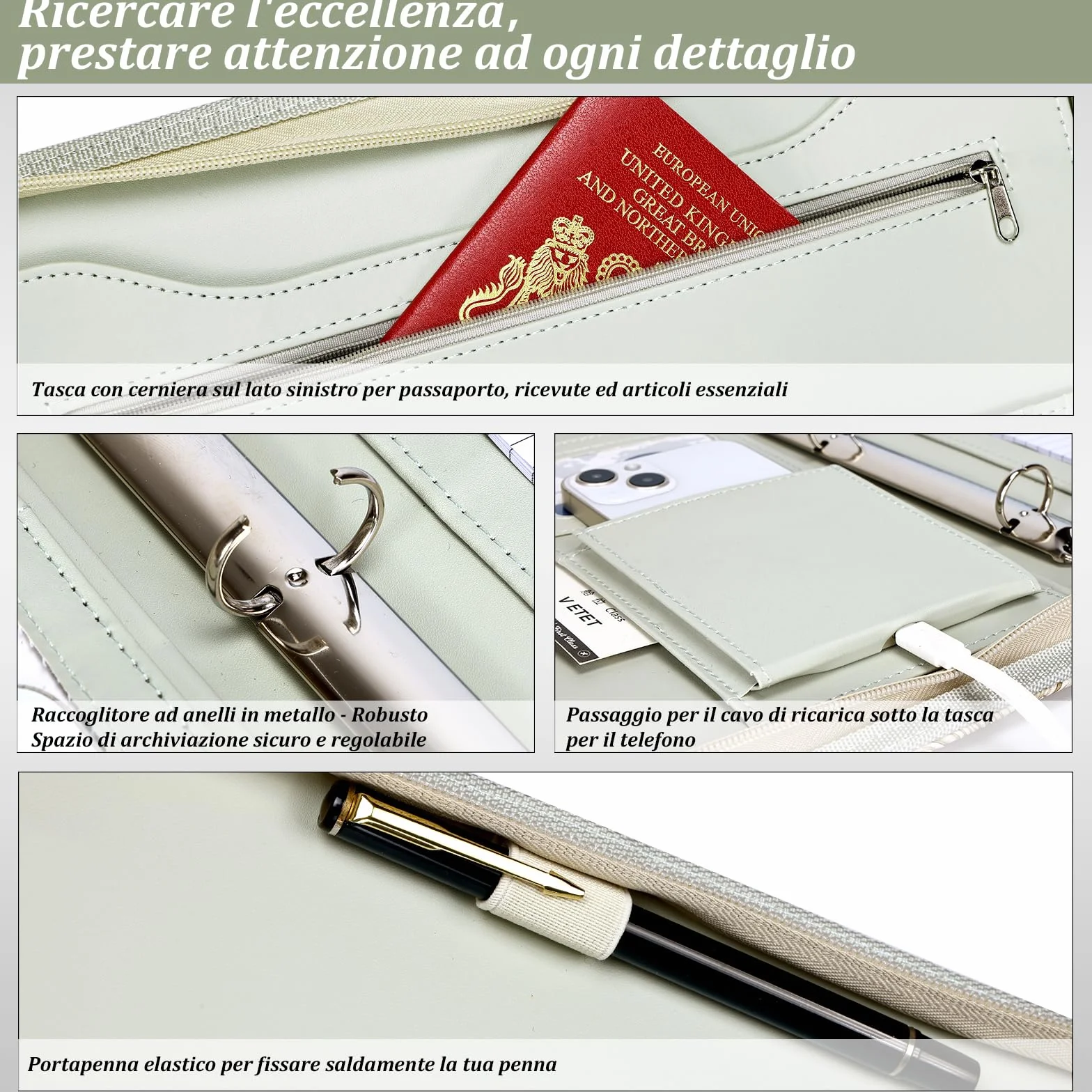 Leathario Cartella Portadocumenti A4 con 10 Fogli Trasparenti, 3 Blocchi per Scrivere, Raccoglitore ad Anelli, Faldoni con Zip