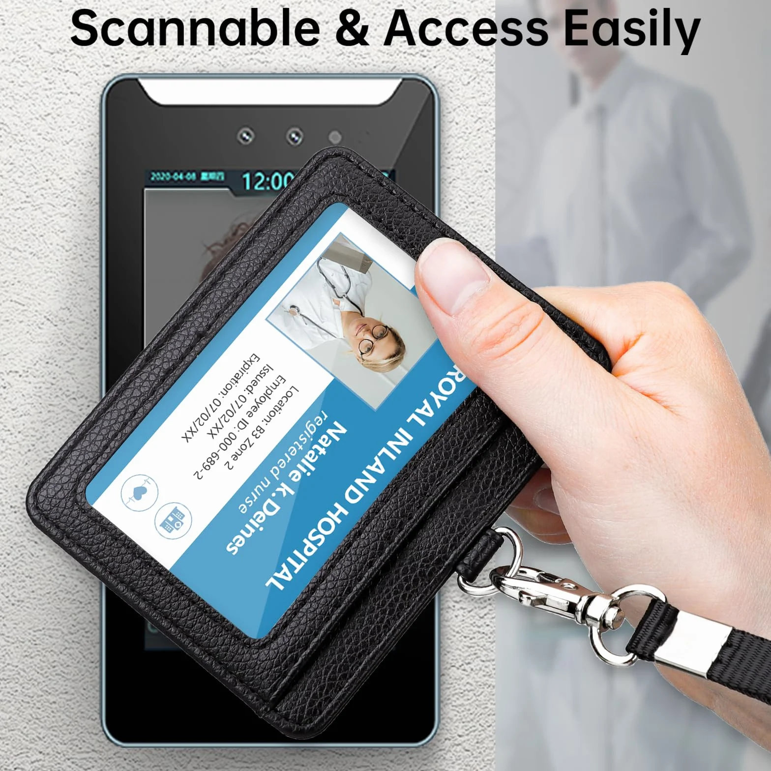 Teskyer Porta Badge da Collo 2 Slot Carte in Pelle Martellata Nero