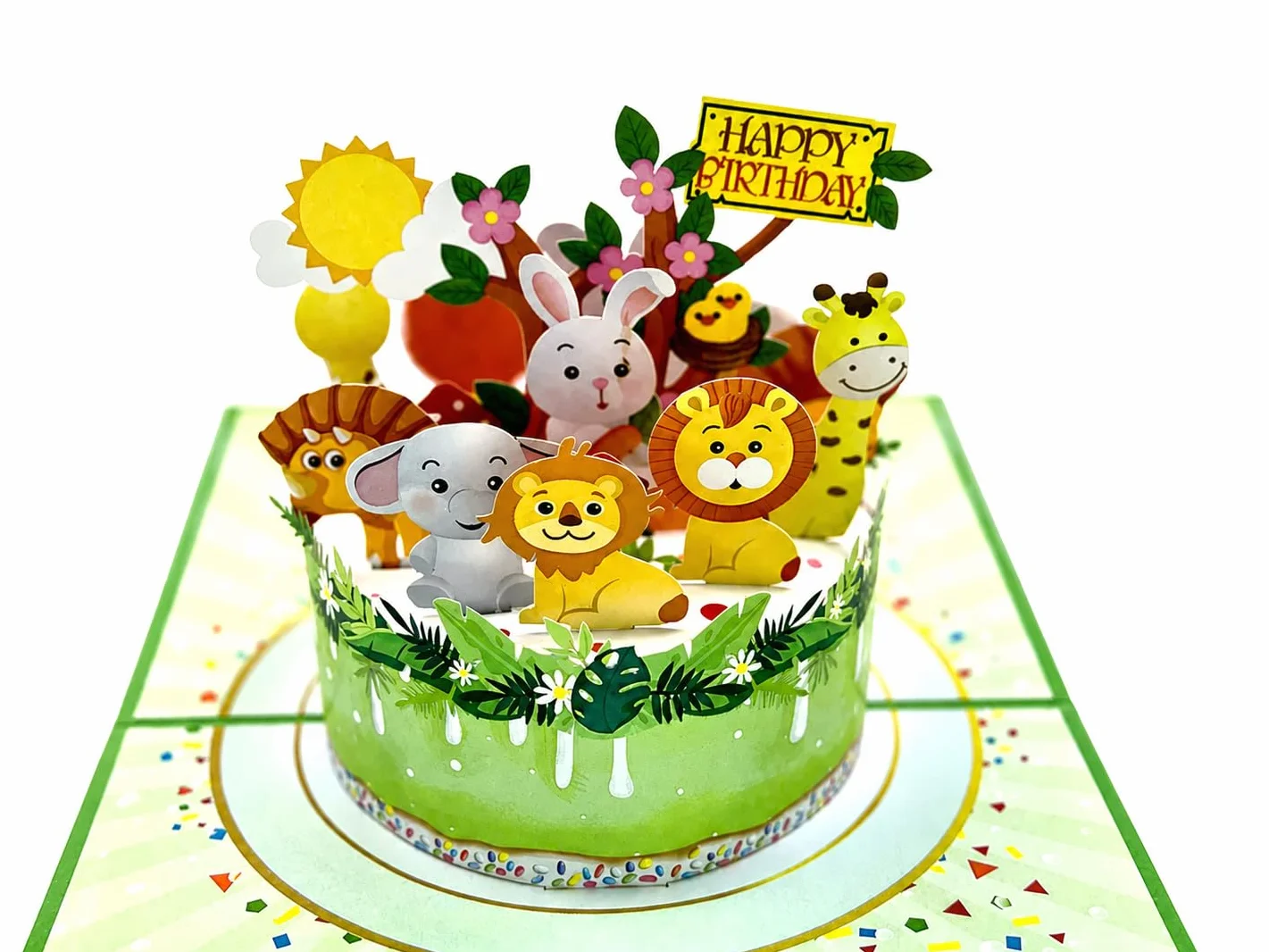Biglietto di auguri pop-up 3D Animali sulla torta Compleanno bambini 15 x 20 cm Safari Animali con busta