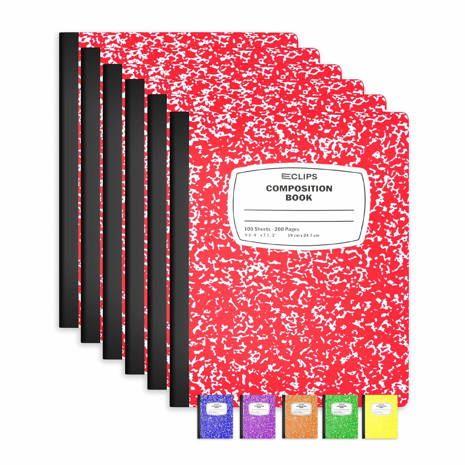 Quaderni di composizione, (confezione da 6), quaderni a righe larghe, composizione marmo, 100 fogli, 200 pagine (6, rosso)