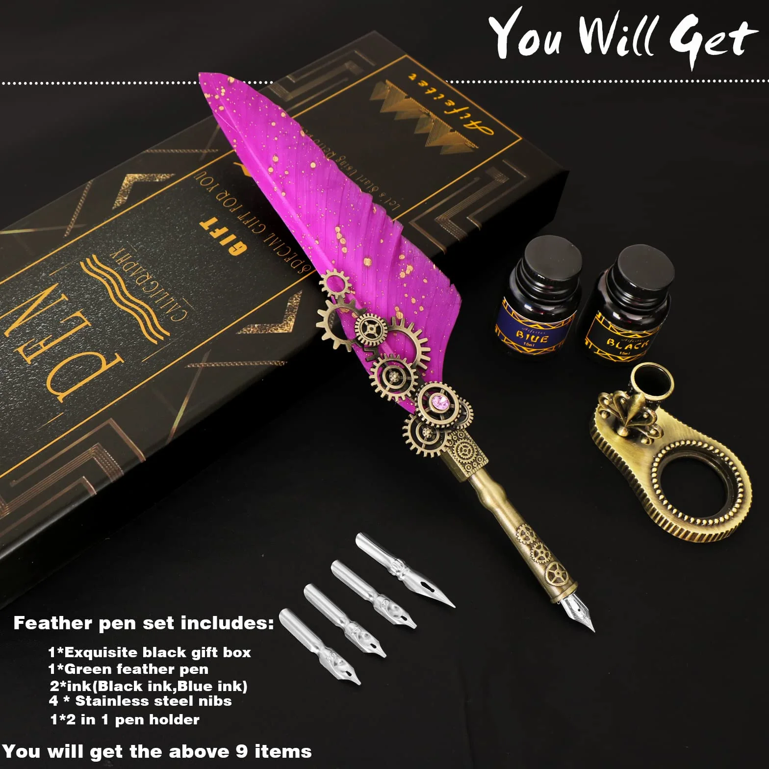 Set di penne per calligrafia, include una penna a piuma, 2 flaconi di inchiostro colorato, 2 in un supporto, 4 pennini in acciaio inossidabile, scatola regalo nera-blu