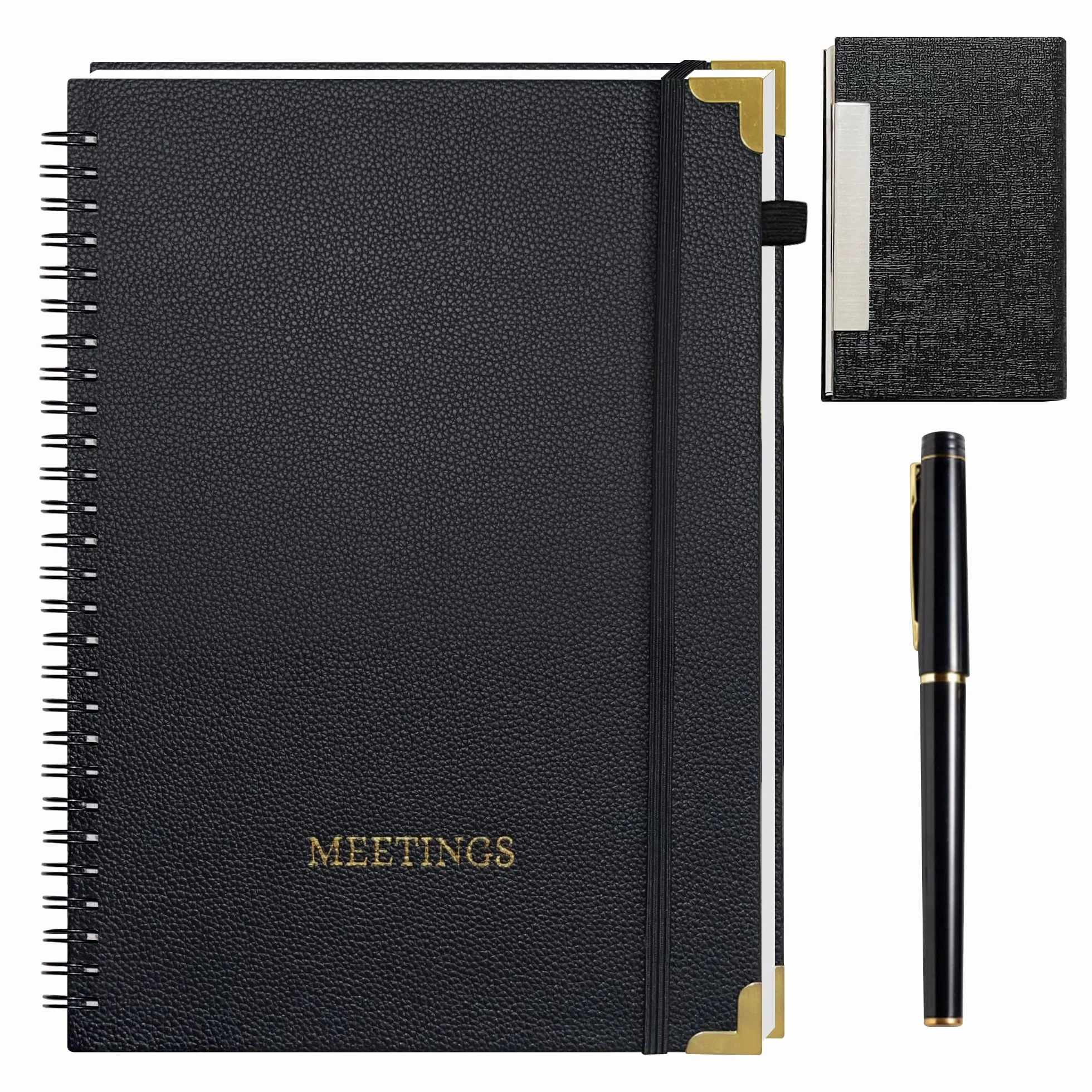 3 quaderni per riunioni da lavoro, viene fornito con una penna e un porta biglietti da visita, pelle PU, notebook per riunioni, angolo in metallo nero e oro, 17,8 x 25,4 cm, pianificatore aziendale