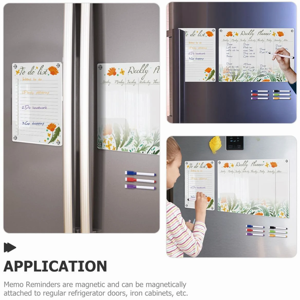 Calendario Settimanale Magnetico per Frigorifero Lavagna Acrilica Cancellabile a Secco Bordo Floreale Trasparente Set 8 Pezzi A3+a4 per Casa, Ufficio e Scuola