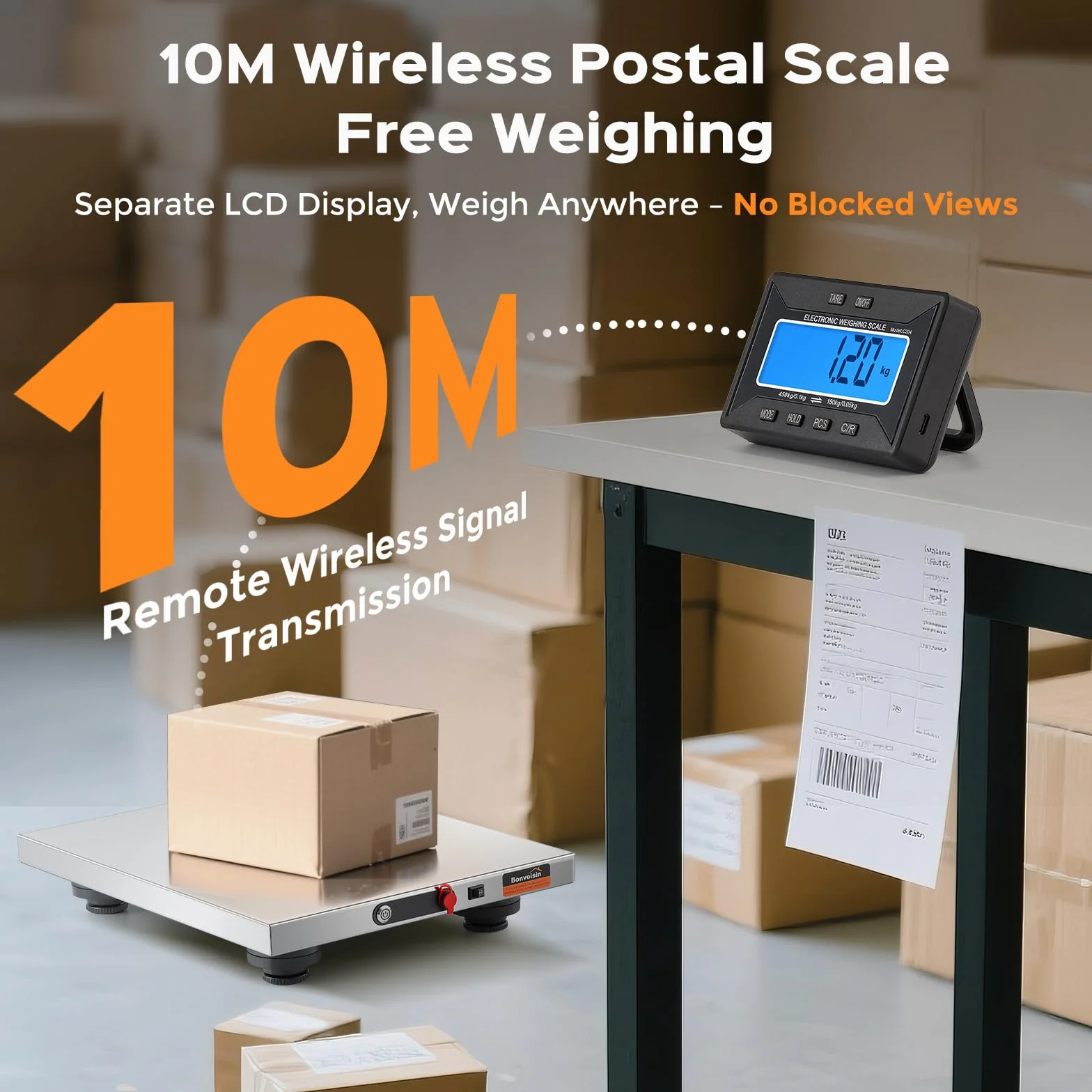 Bonvoisin Bilancia Postale Senza Fili 450kg/660lb con Display LCD Separato, Piattaforma Acciaio Inox, Doppia Alimentazione a Batterie & Rete, kg/lb/oz/lb:oz, Funzioni TARA/HOLD/COUNT (450kg GB)