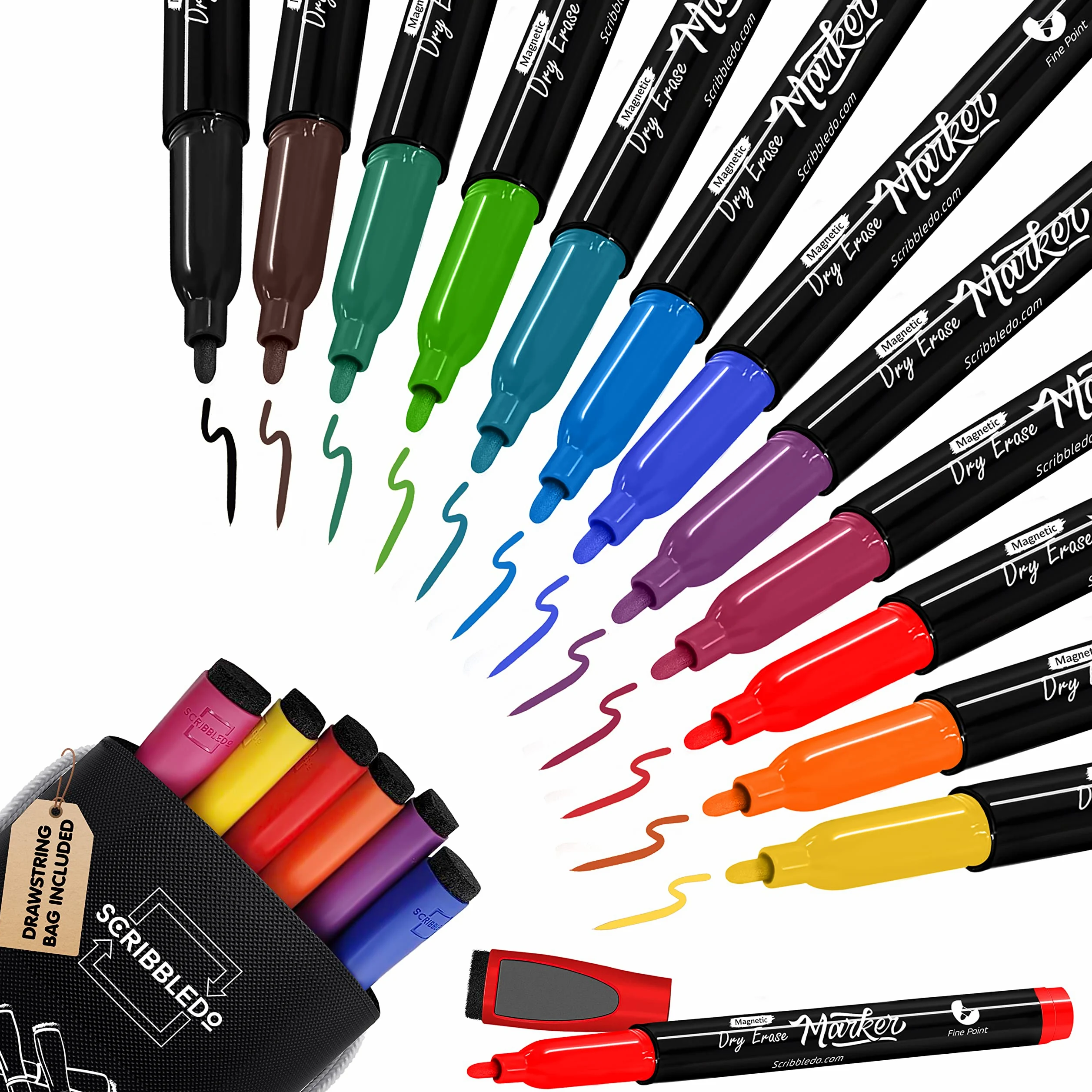 Scribbledo Confezione da 12 pennarelli magnetici cancellabili a secco, punta fine, colori classici, con tappo in gomma, sottili, a basso odore, per adulti, studenti, insegnanti, bambini, arte a casa e