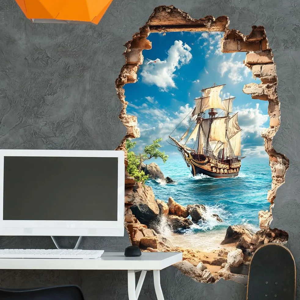 Adesivi Murali 3D Muro Rotto Barca A Vela Onda del Mare Carta da Parati Autoadesiva Rimovibile Impermeabile per Bagno Camera Decorazione