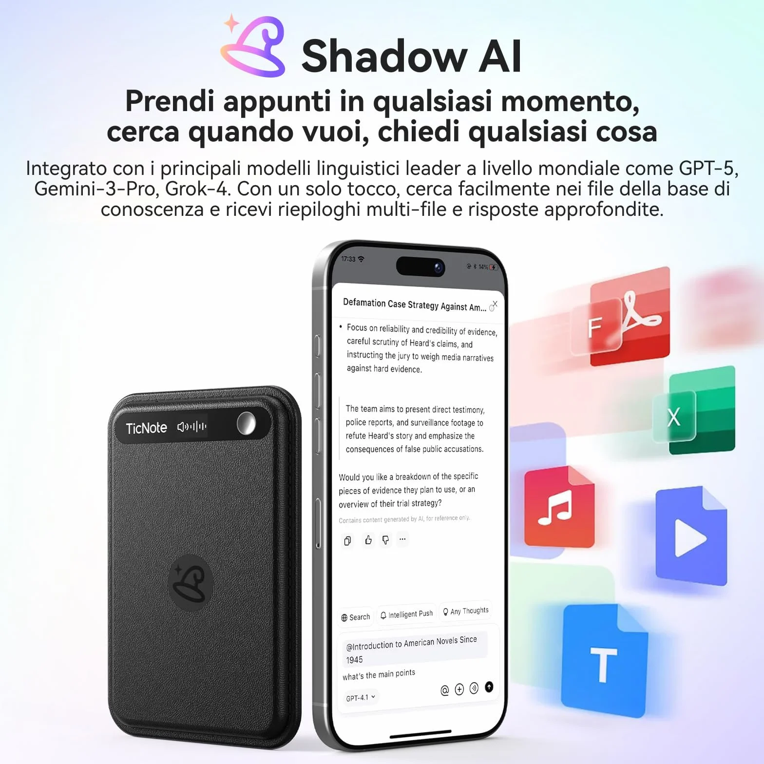 Mobvoi TicNote Lite Registratori vocali digitali AI 4 GB, Custodia Magnetica Integrata, Controllo App, Oltre 120 Lingue, Trascrizione e Riepilogo AI Shadow, Registratore Audio Digitale per Telefonate