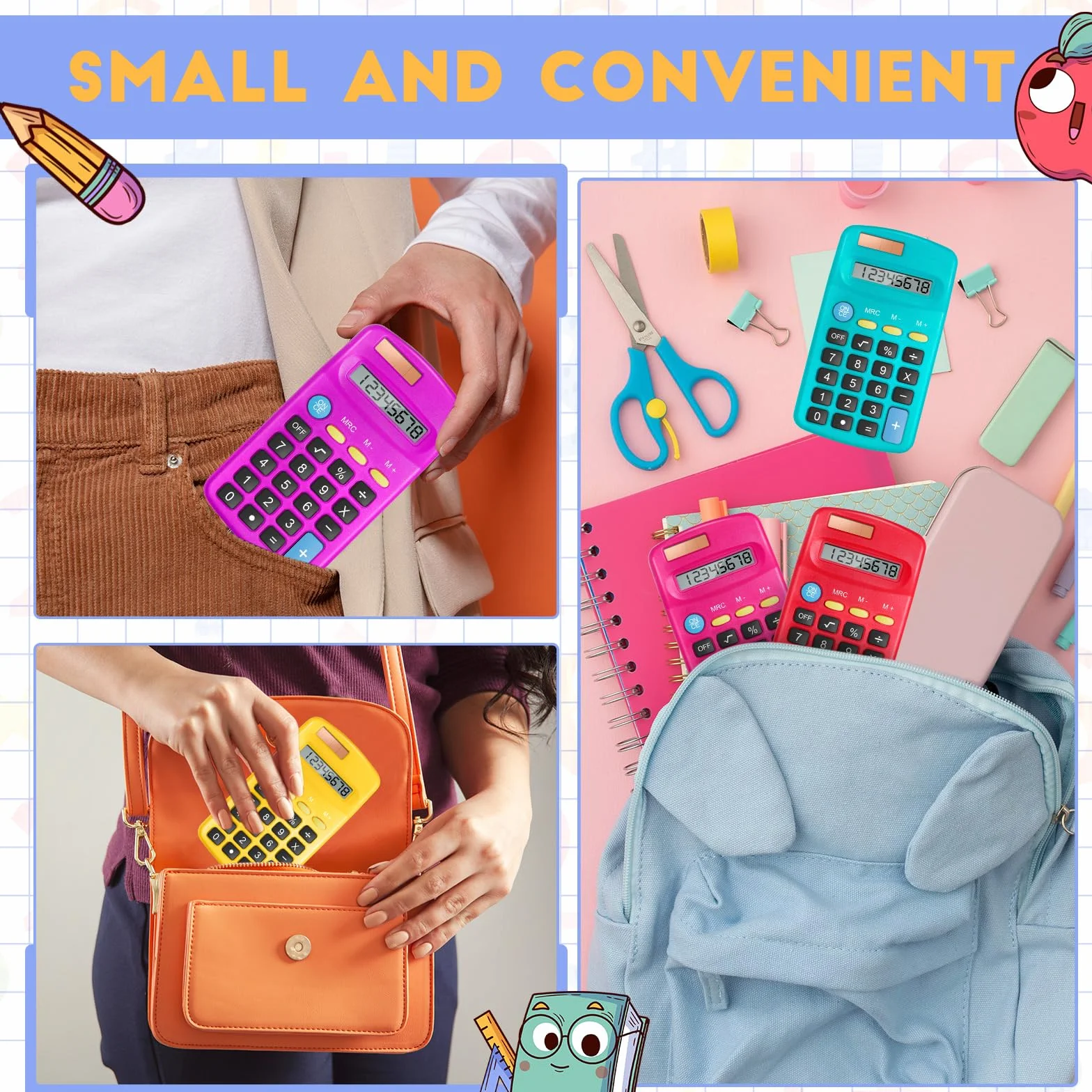 Confezione da 24 mini calcolatrici tascabili per studenti ad angolo portatile, display a 8 cifre, batteria solare, doppia alimentazione, piccola calcolatrice per studenti, bambini, casa, ufficio (6