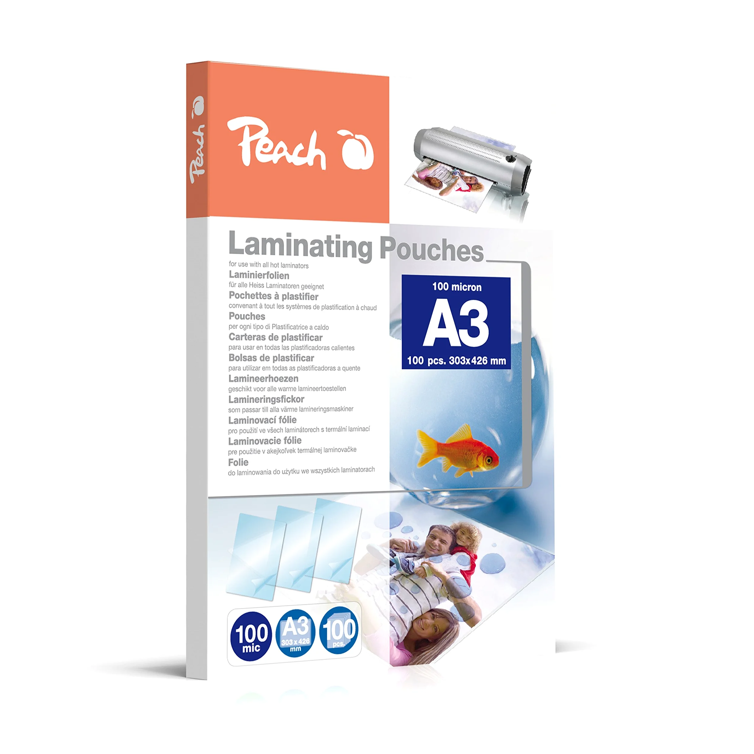 Peach Pellicole di laminazione A3 – 100 mic – 100 pouches – Qualità premium per i migliori risultati di laminazione – Compatibile con dispositivi di tutti i produttori – PP500-01