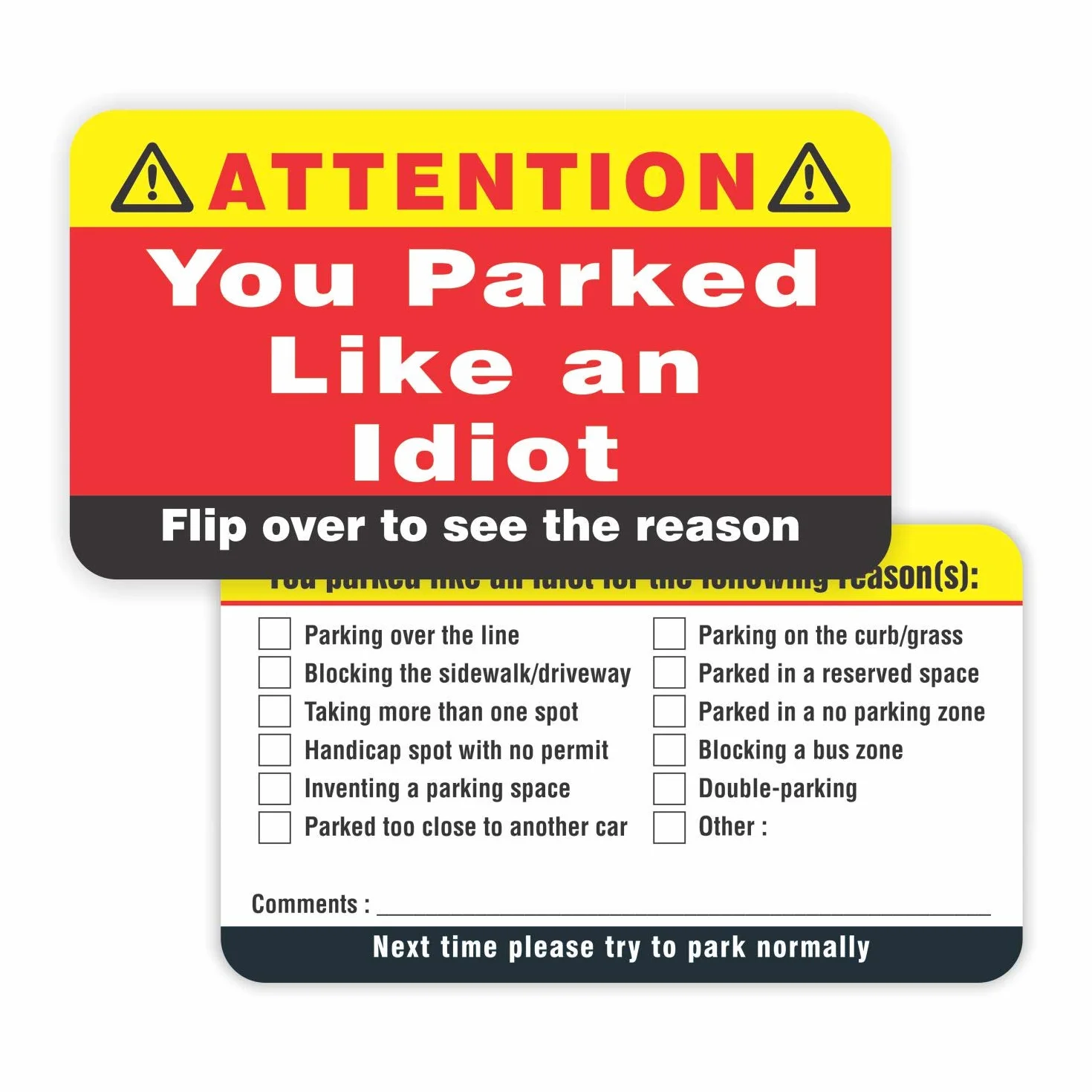 PARTH iMPEX You Parked Like an Idiot Business Cards 100 Pack Bad Parking Cards 3.5x2 Multi Reasons Violation