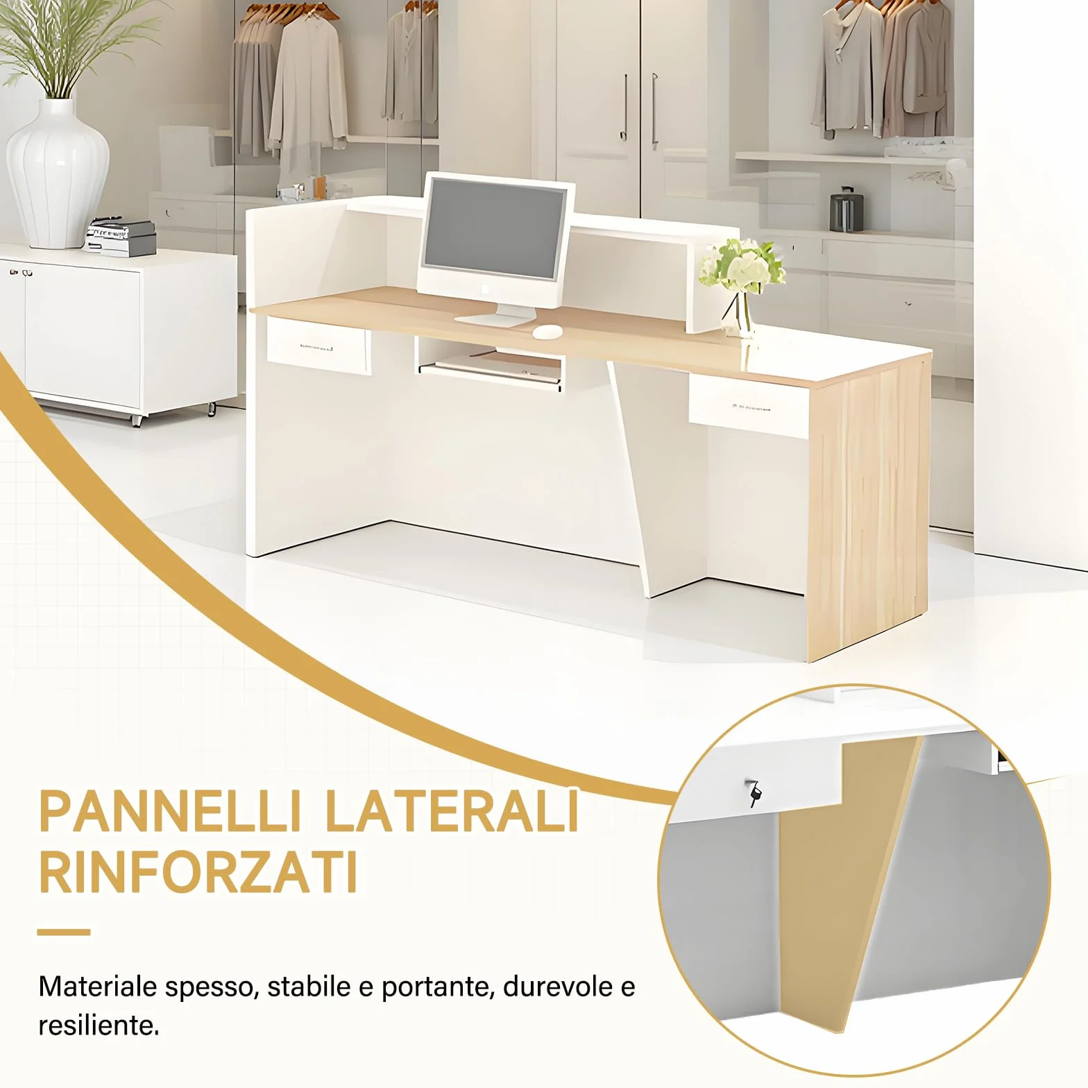 Bancone Reception Moderno con Spazio di Archiviazione, Scrivania Reception da 100–240 cm con Cassetto e Ripiani, Ideale per Uffici, Saloni, Hall e Negozi