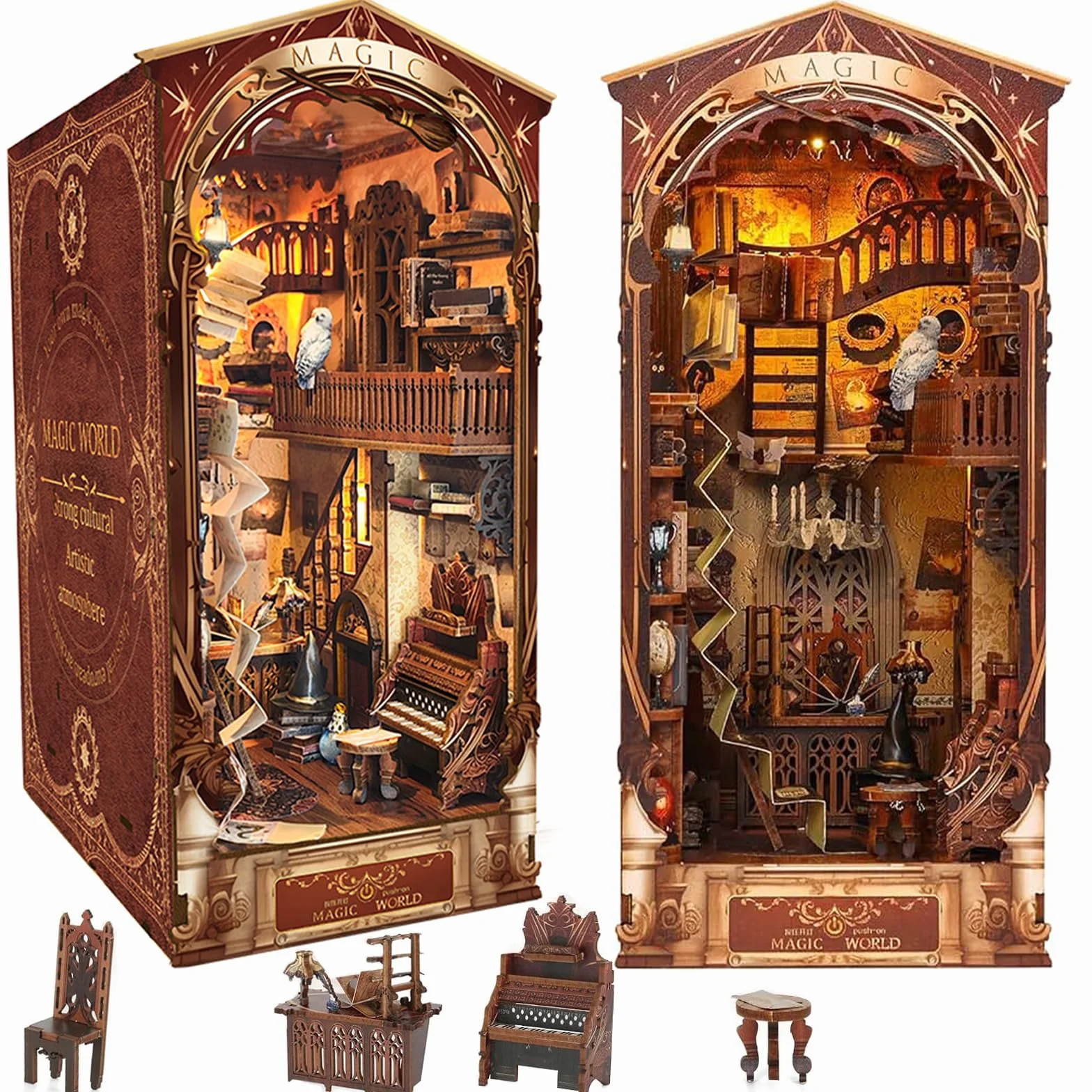 Mondo Magico Book Nook Kit DIY z LED i Coperchio Antipolvere, Fermalibri Puzzle 3D Legno