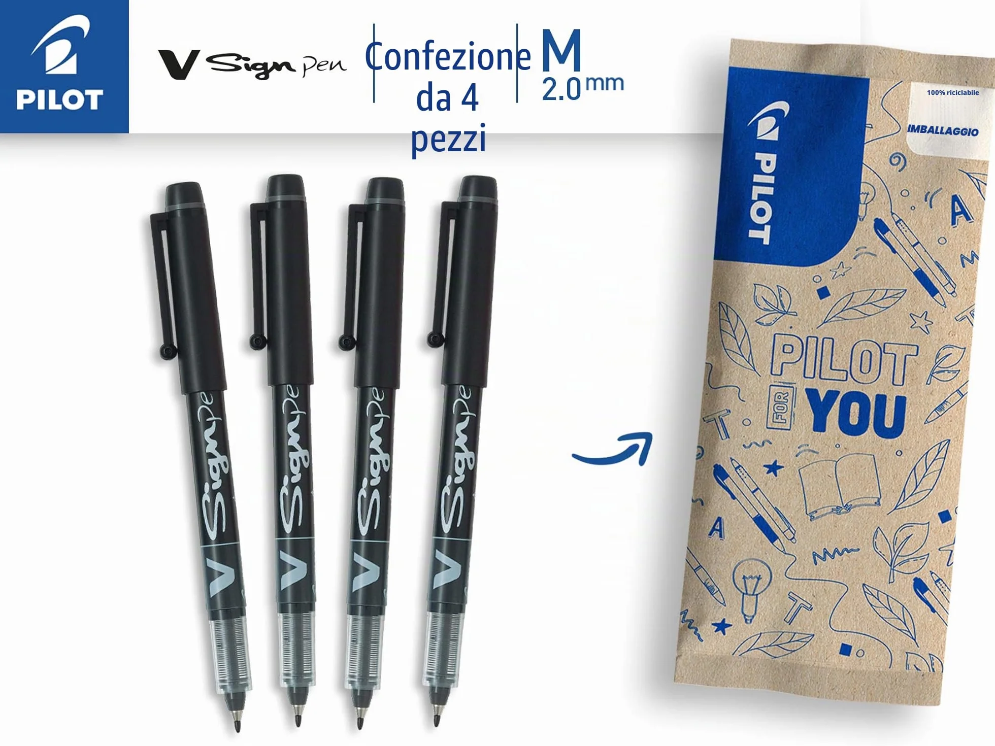 PILOT V-Sign Set 4 Penne a Pennarello Inchiostro Liquido Nero Punta Media