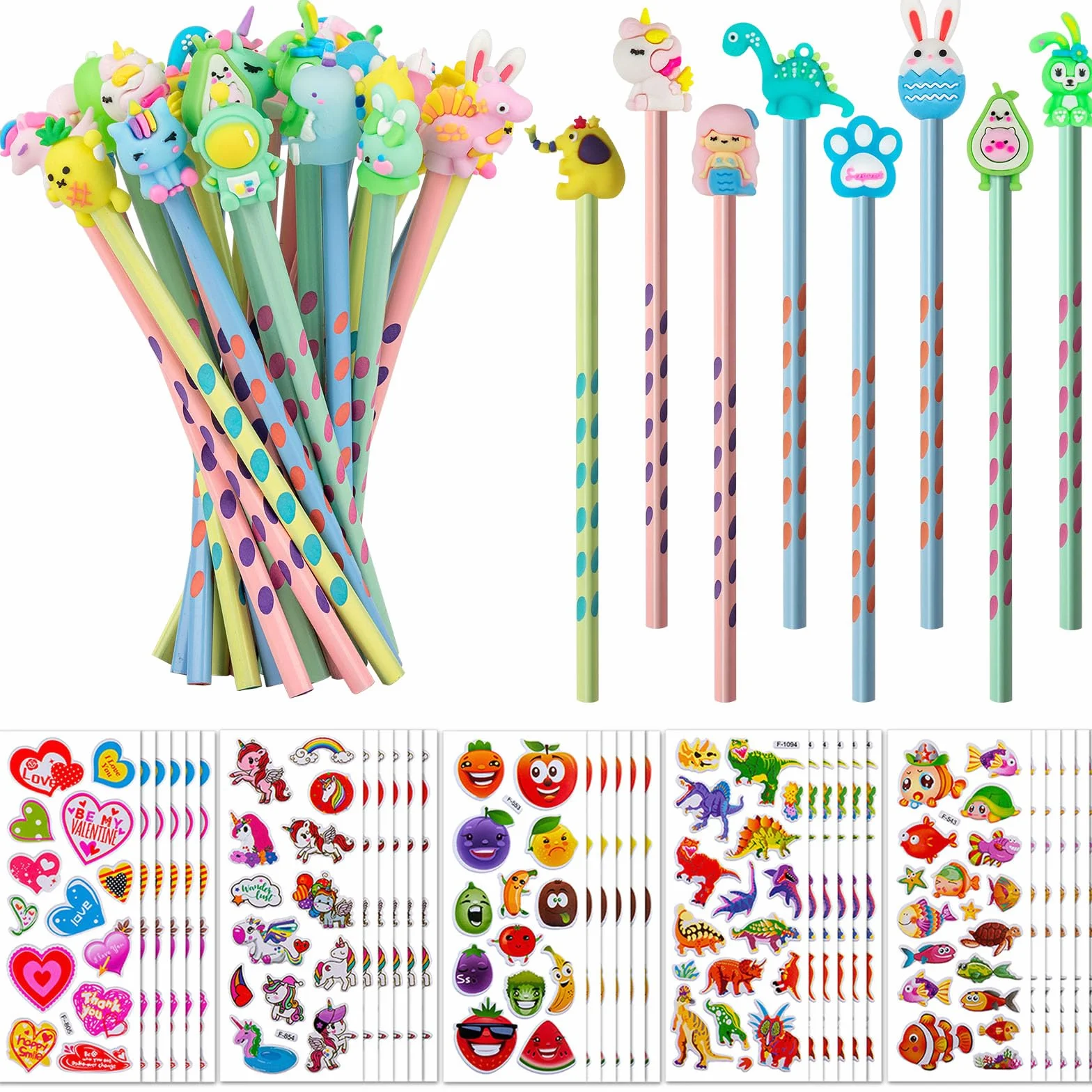 Matite Triangolare Animale 60 Set Compleanno Bambini con 30 Adesivi 3D