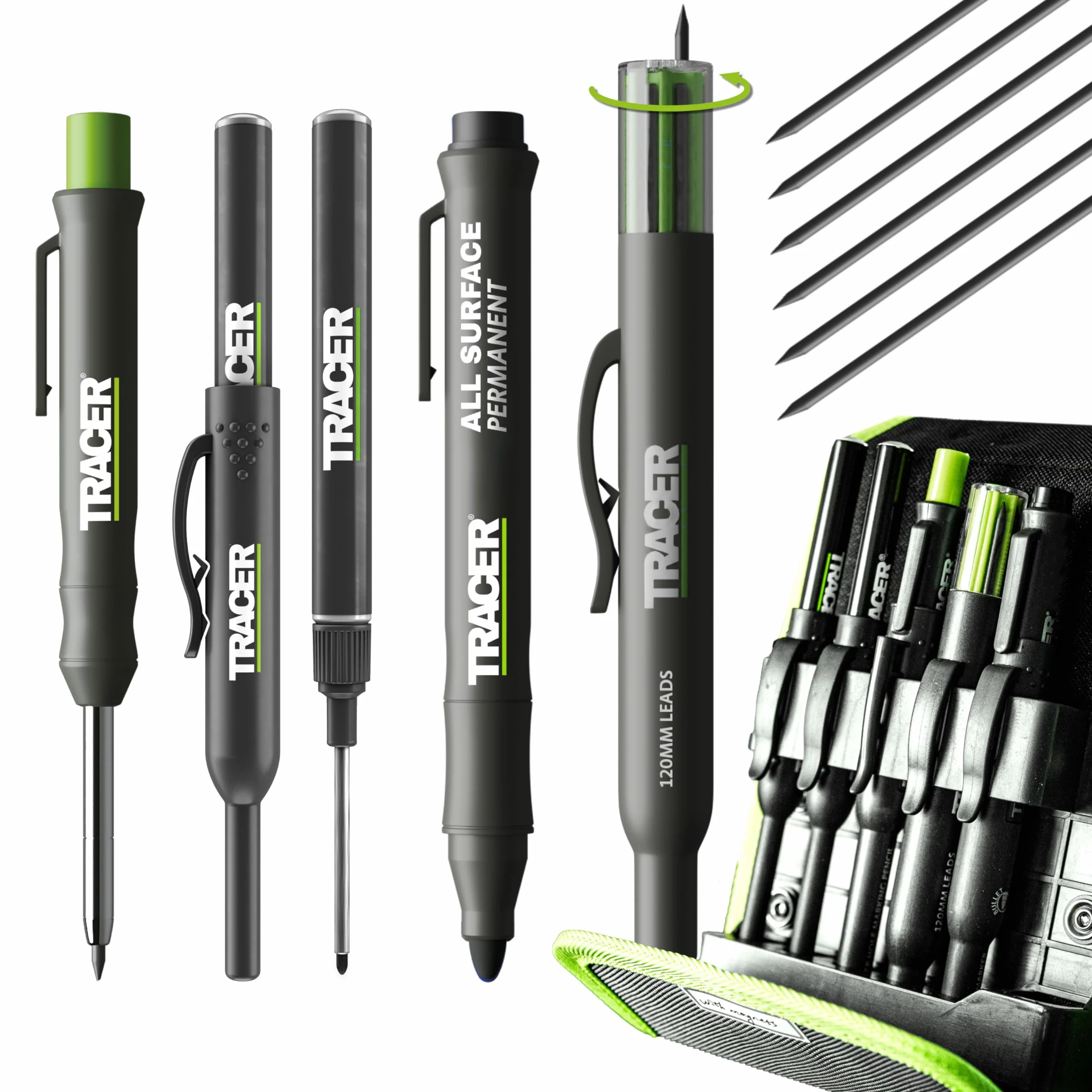 Tracer AMK5 Kit da 5 Pennarelli da Costruzione con Custodia Magnetica, Matita Carpentiere, Punta Lunga e Anti-Intasamento