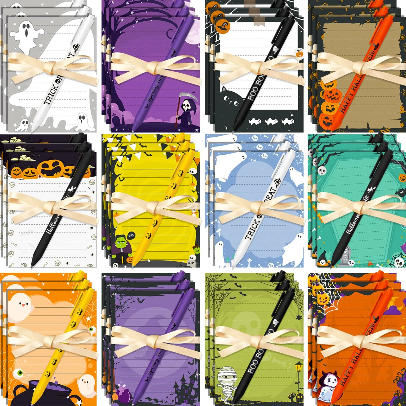 Marspark Set di 36 graziosi foglietti adesivi per Halloween, con penne | Set di blocchetti adesivi per appunti, con penne a sfera, ideali per ufficio, classe, Halloween, con nastri inclusi