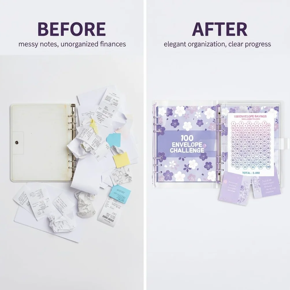 100 Envelope Savings Challenge, Libro del Risparmio A5, Budget Planner 5050€, con Buste Trasparenti e Chiusura Magnetica
