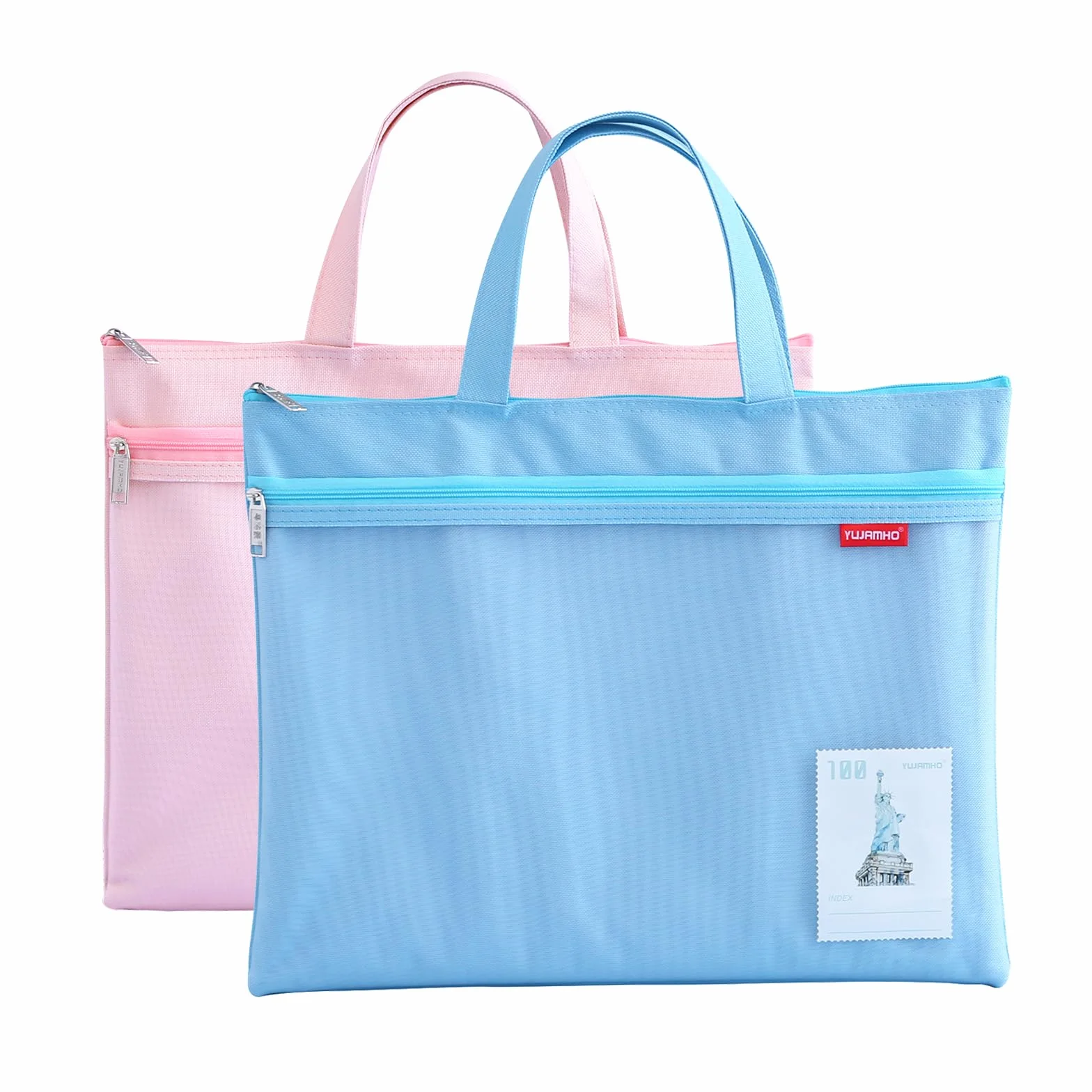 Set di 2 portadocumenti A4 in nylon impermeabili con doppia cerniera blu e rosa