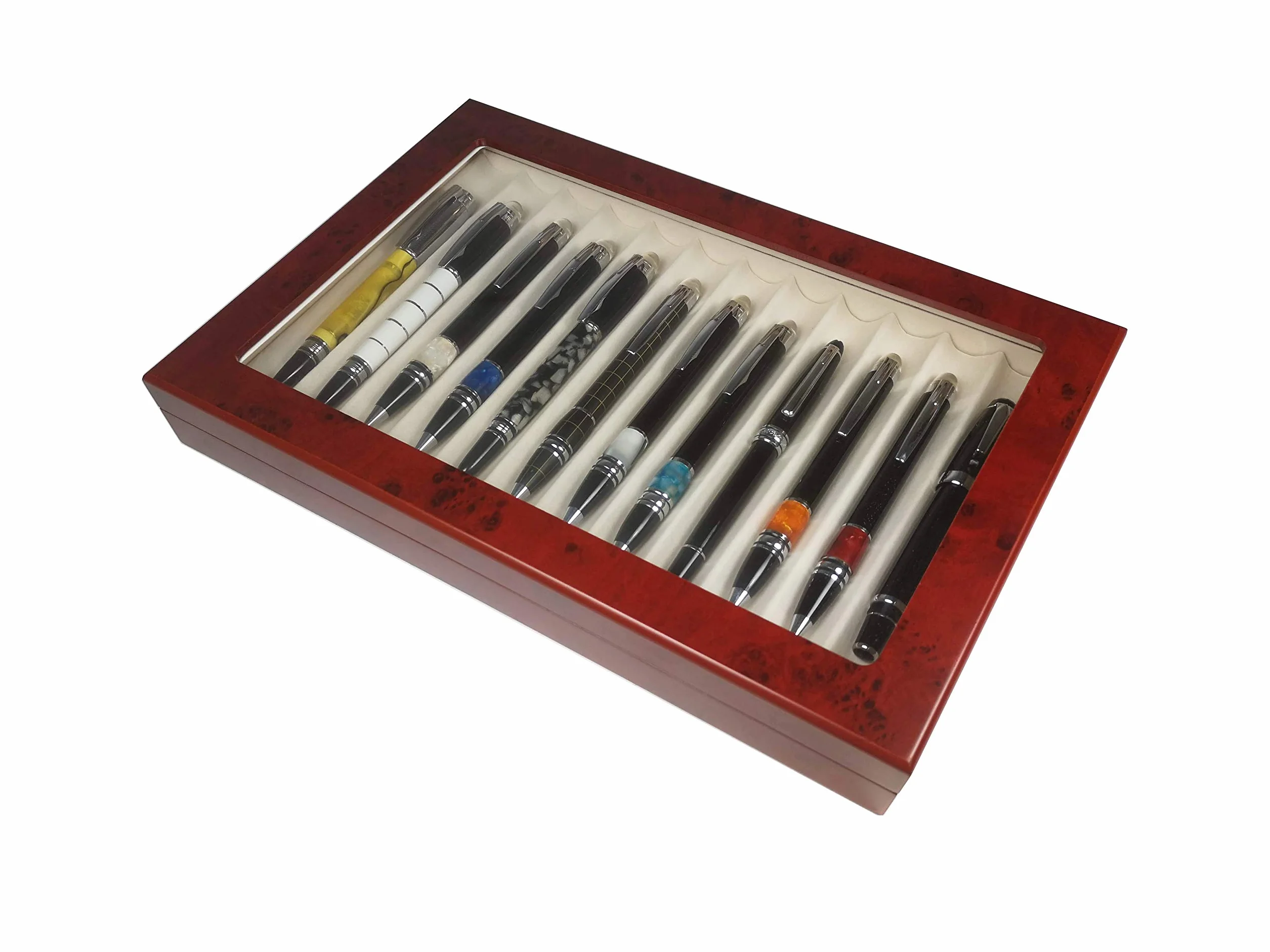 MR Maestro Relojero - Scatola Portapenne con vetrina per 12 penne in legno Noce | Espositore penne stilografiche | Portapenne da esposizione | Raccoglitore collezioni | Ciliegia, legno