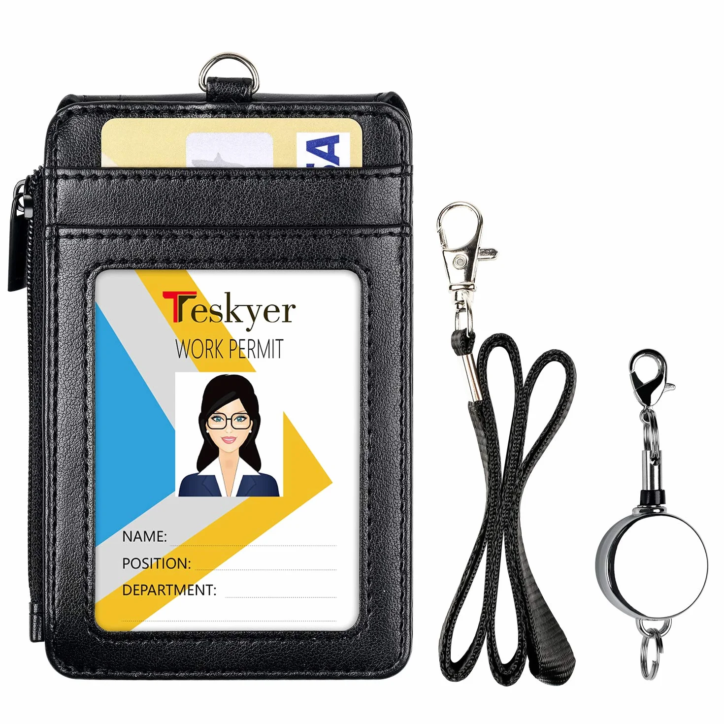 Porta badge in pelle con cordino e bobina retrattile, 4 scomparti per carte d'identità, tasca con cerniera