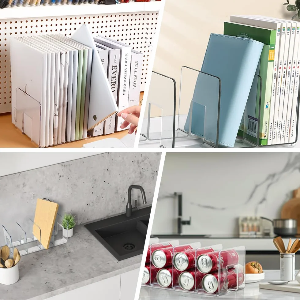 4Pezzi Portariviste in Trasparente, SHAIDOJIO Porta Libri da Scrivania in Acrilico-32cm, 4 Compartimenti Porta Libri, Fermalibri per Libreria per Libro Documenti Buste Borsa Bevande Soggiorno Ufficio