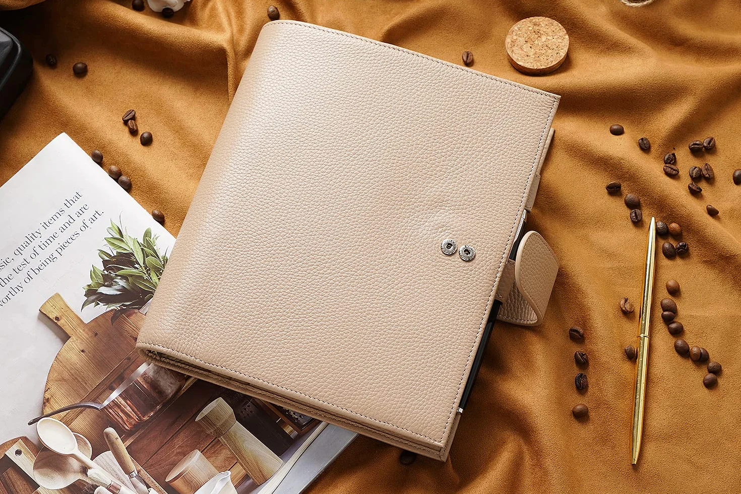 Moterm A5 Luxe Raccoglitore con Anelli - Organizer in Vero Cuoio (Ghiaia-Taupe, Anello da 30mm)