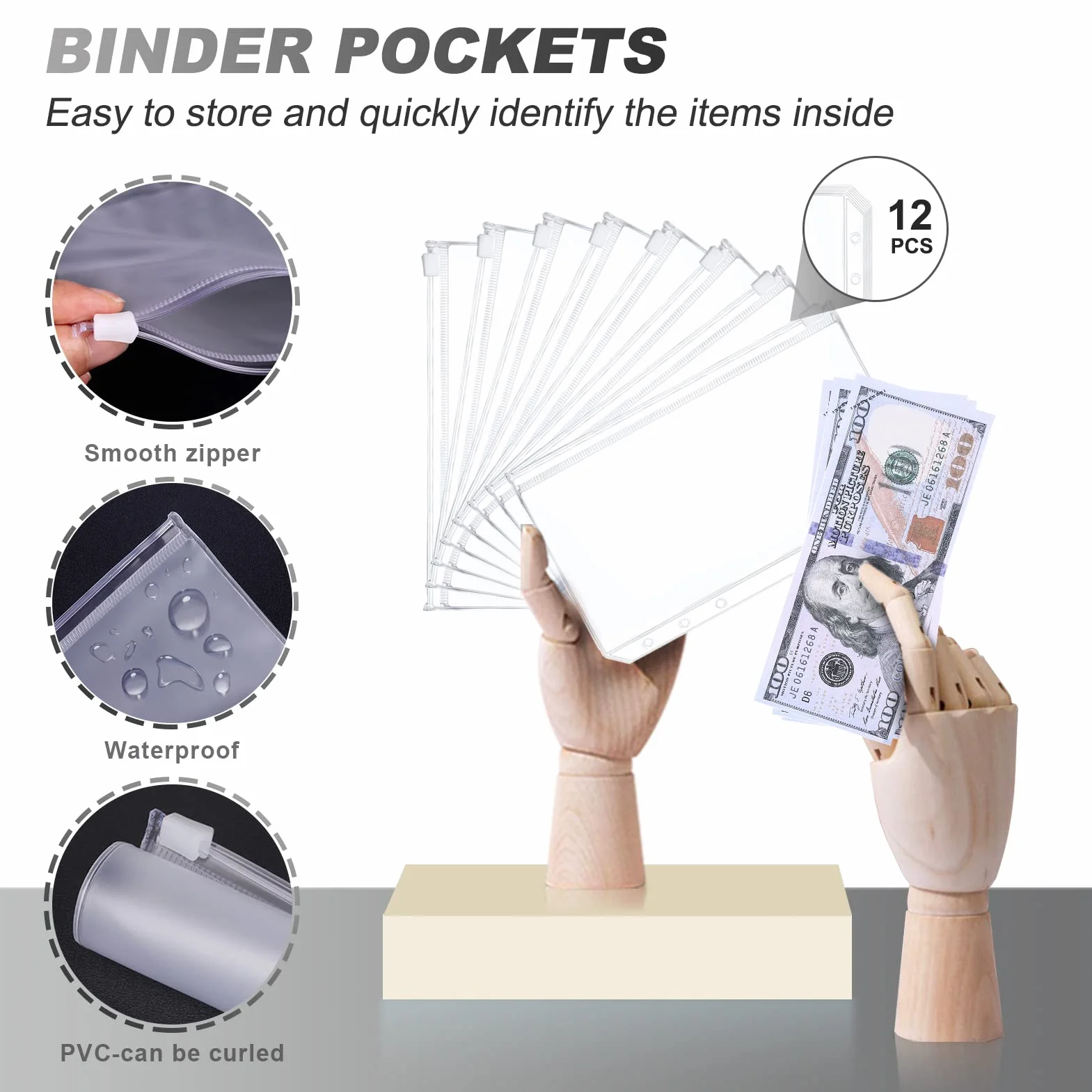 TAOPE Portadocumenti in Pelle PU A6 Binder Budget Set con 12 Sacchetti Trasparenti Cerniera, Nero Girasole