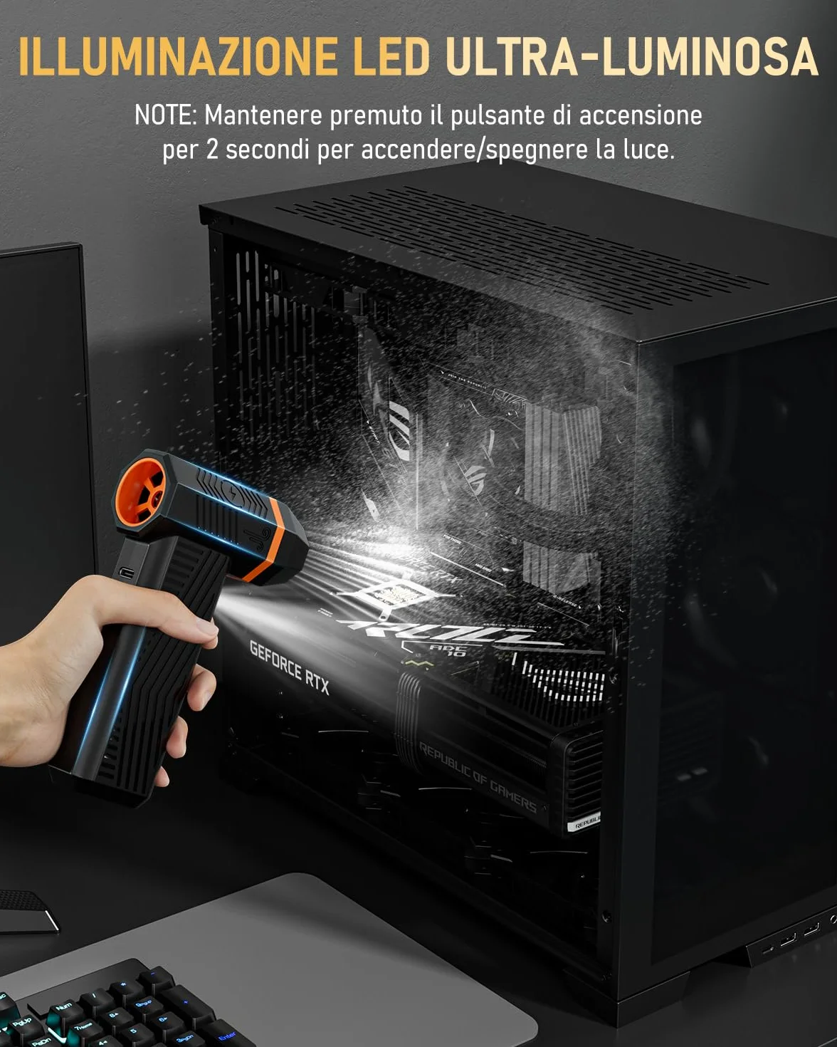 GLAM Soffiatore d'Aria Elettrico con Display LED e Luce, 4 Velocità 150000RPM Aria Compressa Elettrico per PC, Divano, Tastiera, Auto