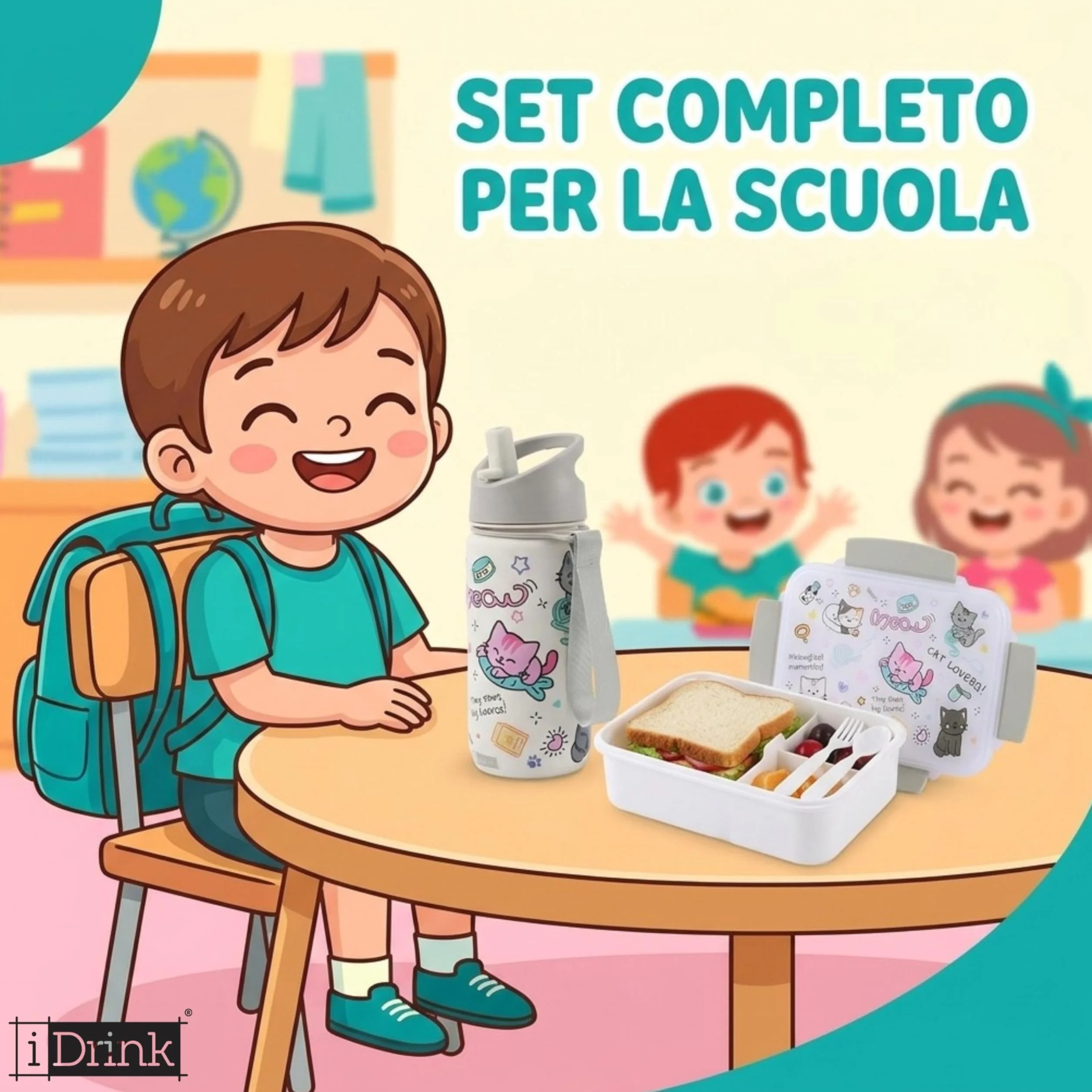 iDrink Set Scuola Bambini - Borraccia Termica 420ml con Cannuccia + Lunch Box con Posate e Scomparti - Acciaio Inox e PP BPA Free - Kit Pranzo e Merenda per Asilo ed Elementari - per Gite (Gattini)