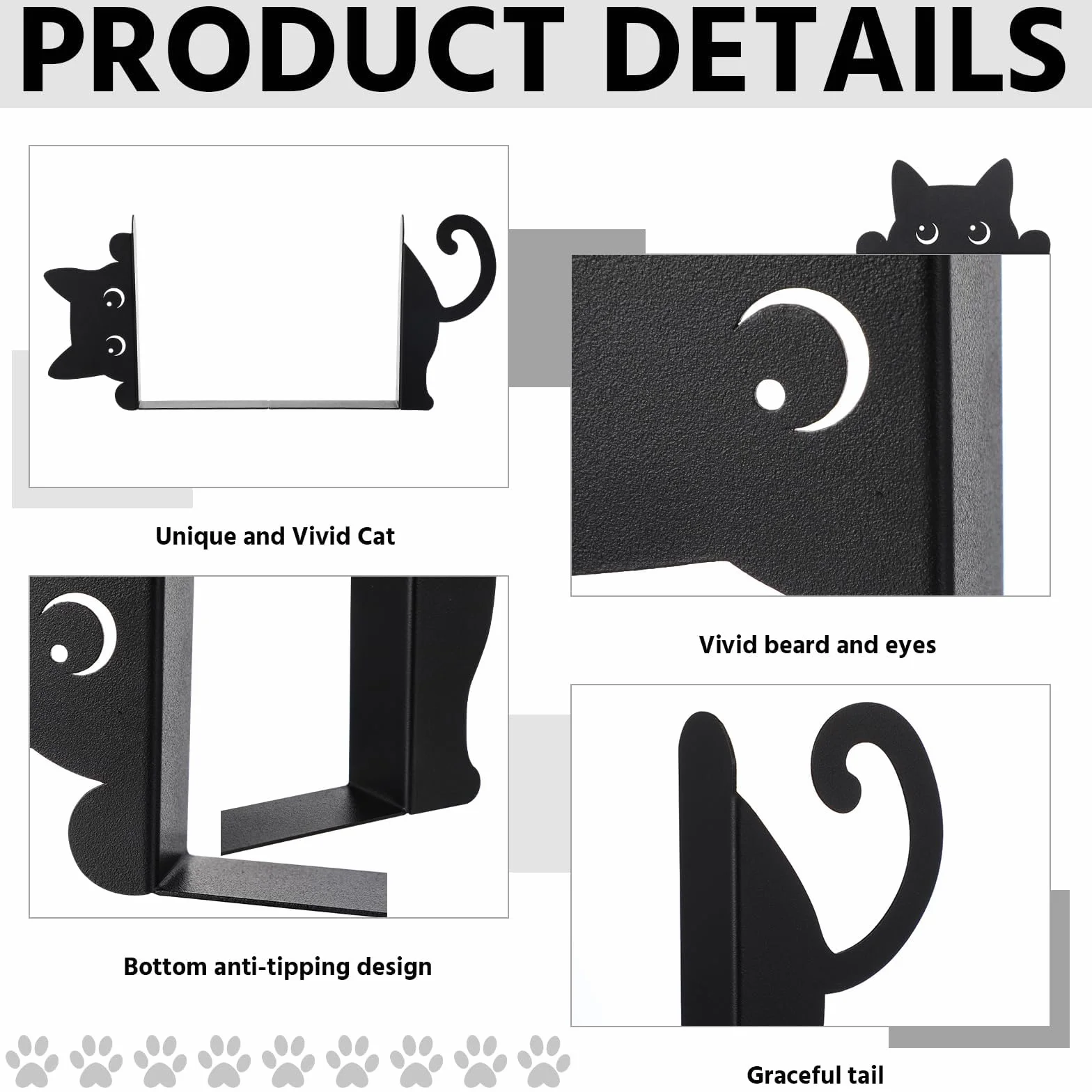 Fermalibri in Metallo Hidden Cat Nero, Fermalibri Decorativi Antiscivolo a Forma di Gatto per Libreria