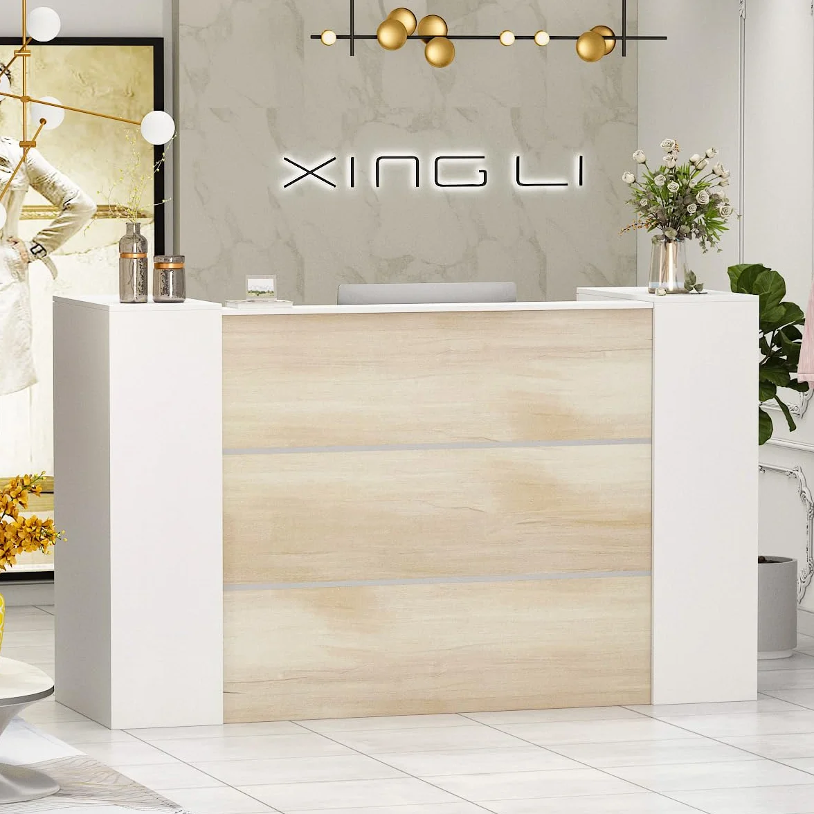 Banco reception, banconi per reception grandi, reception tavolo bancone con ripiani regolabili, banco reception ufficio bancone, colore legno e bianco, 180 X 60 X 110 cm, MDF