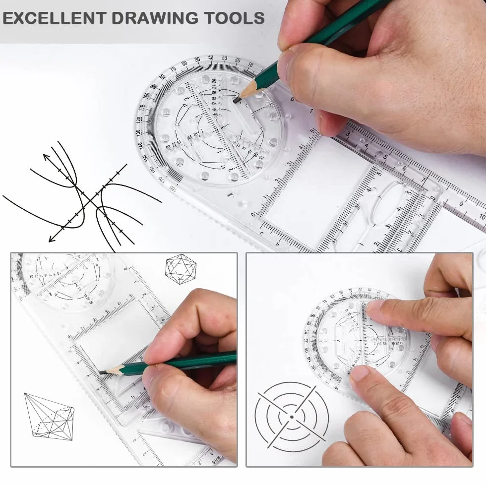 Vicloon 2Pcs Righelli Geometrici Multifunzionali con Matita, Stencil da Disegno Geometrico per Scuola e Ufficio