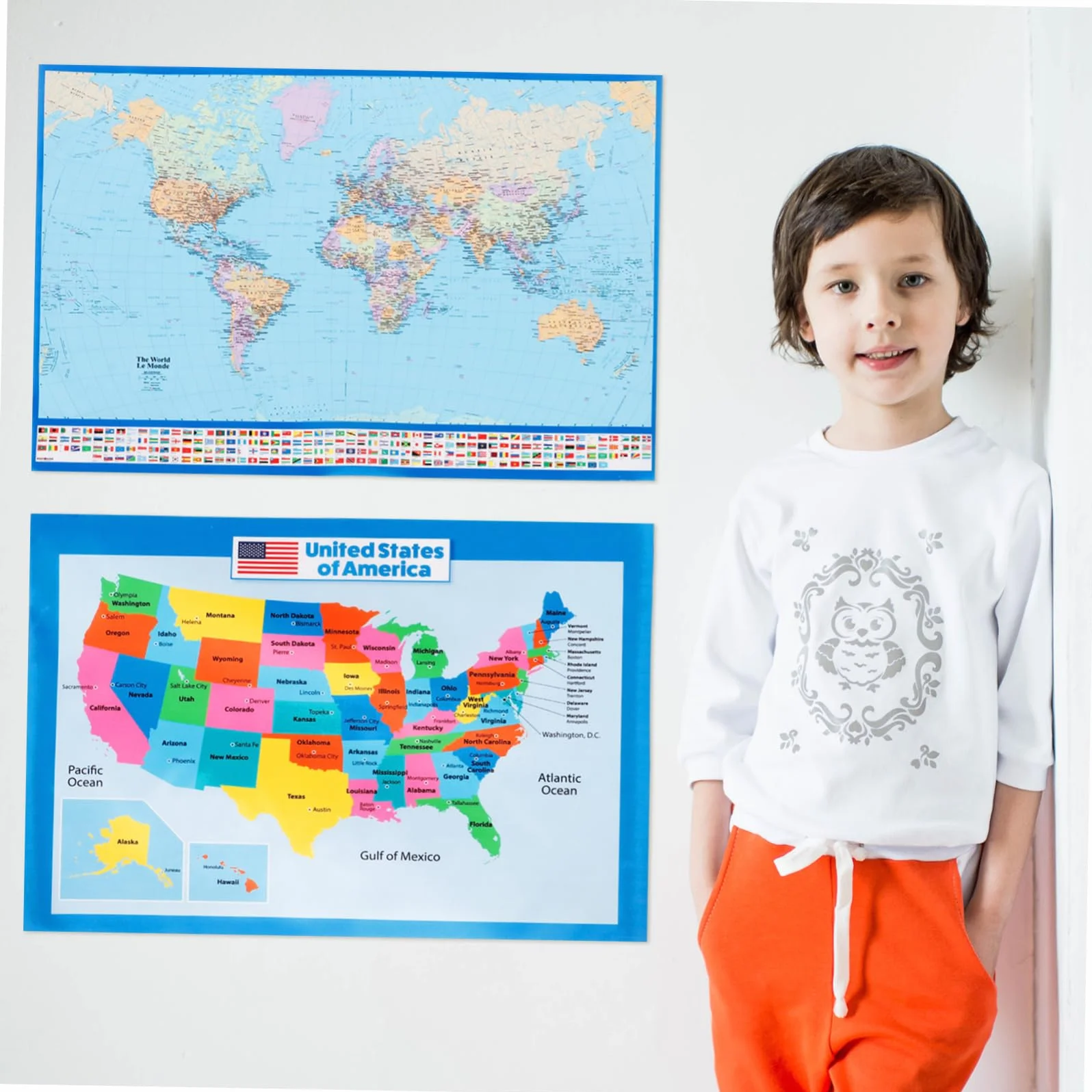 Veemoon Poster Educativo Mappa Del Mondo e Stati Uniti 40x60 Cm Set 2 Pezzi