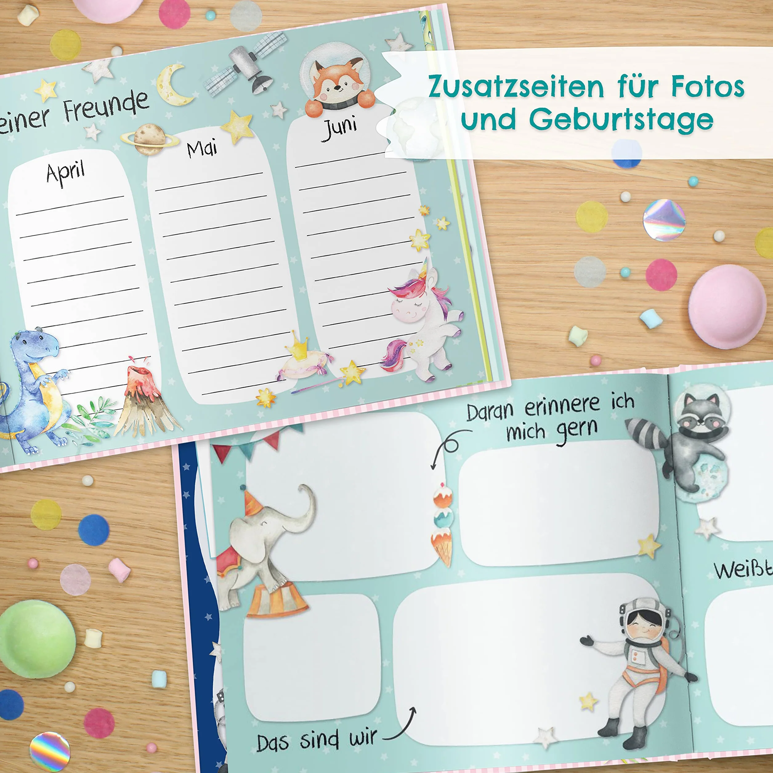 Papierdrachen Libro degli amici per bambini - Amici dell'asilo Turchese - Album di poesie con astronauta, dinosauri - per 27 amici