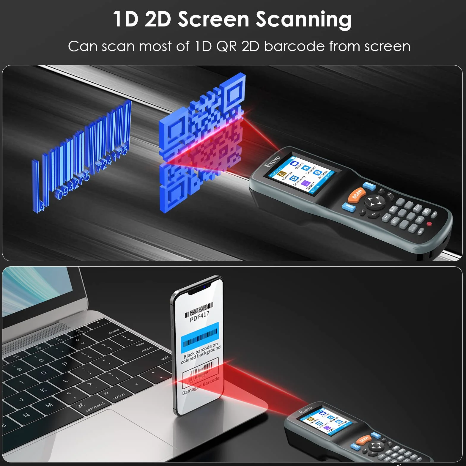 Eyoyo Lettore di Codici a Barre 2D, Inventario Barcode Scanner Data Collector, 1D QR Wireless Terminale Dati Portatile Dispositivo di Inventario with 2.2in TFT Colori LCD Screen per Warehouse Express