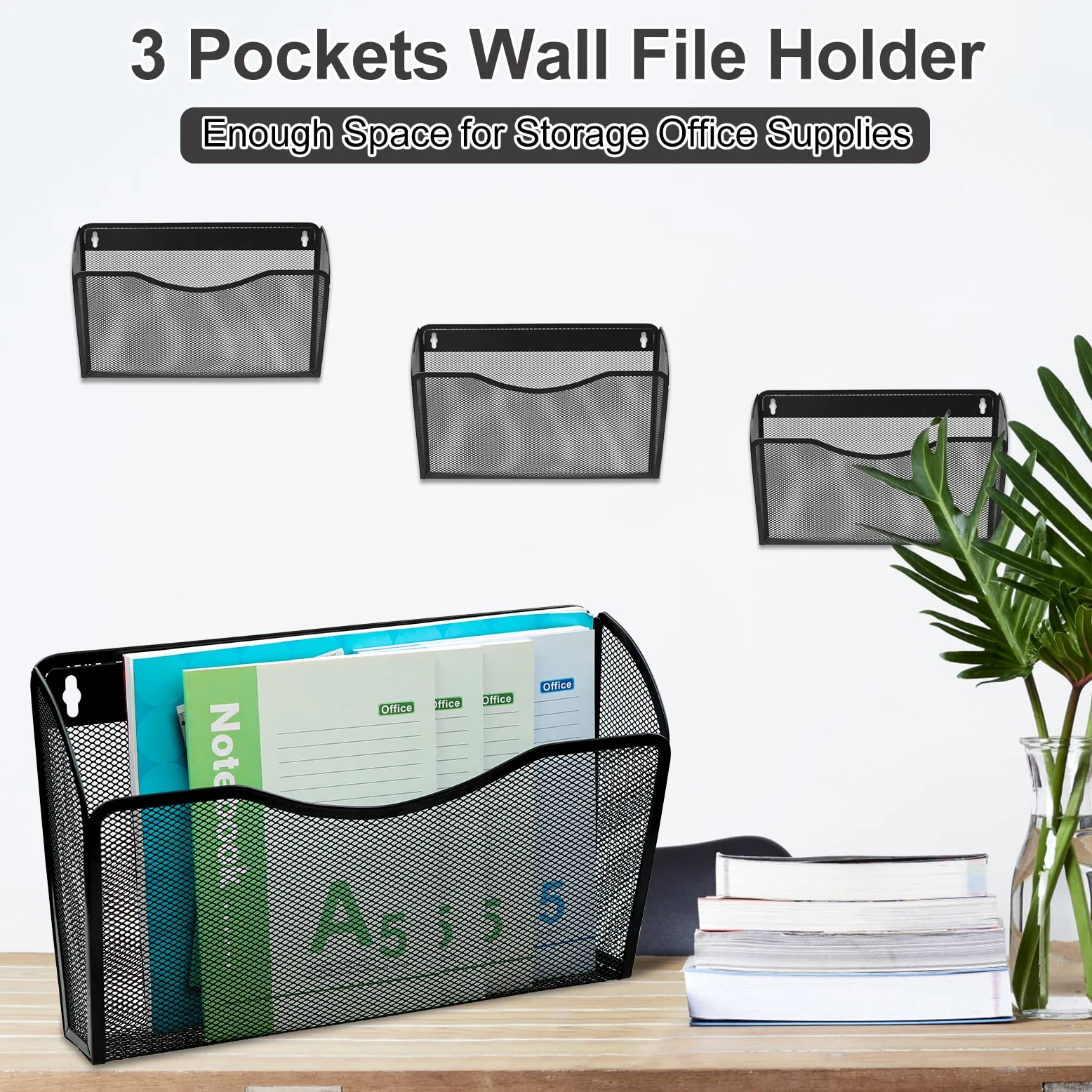 ESYLIFE Organizer Documenti Parete, 3 Tasche Portariviste da Parete Metallo Scaffale per Documenti A4 Organizzatore Scrivania Ufficio Casa, Nero