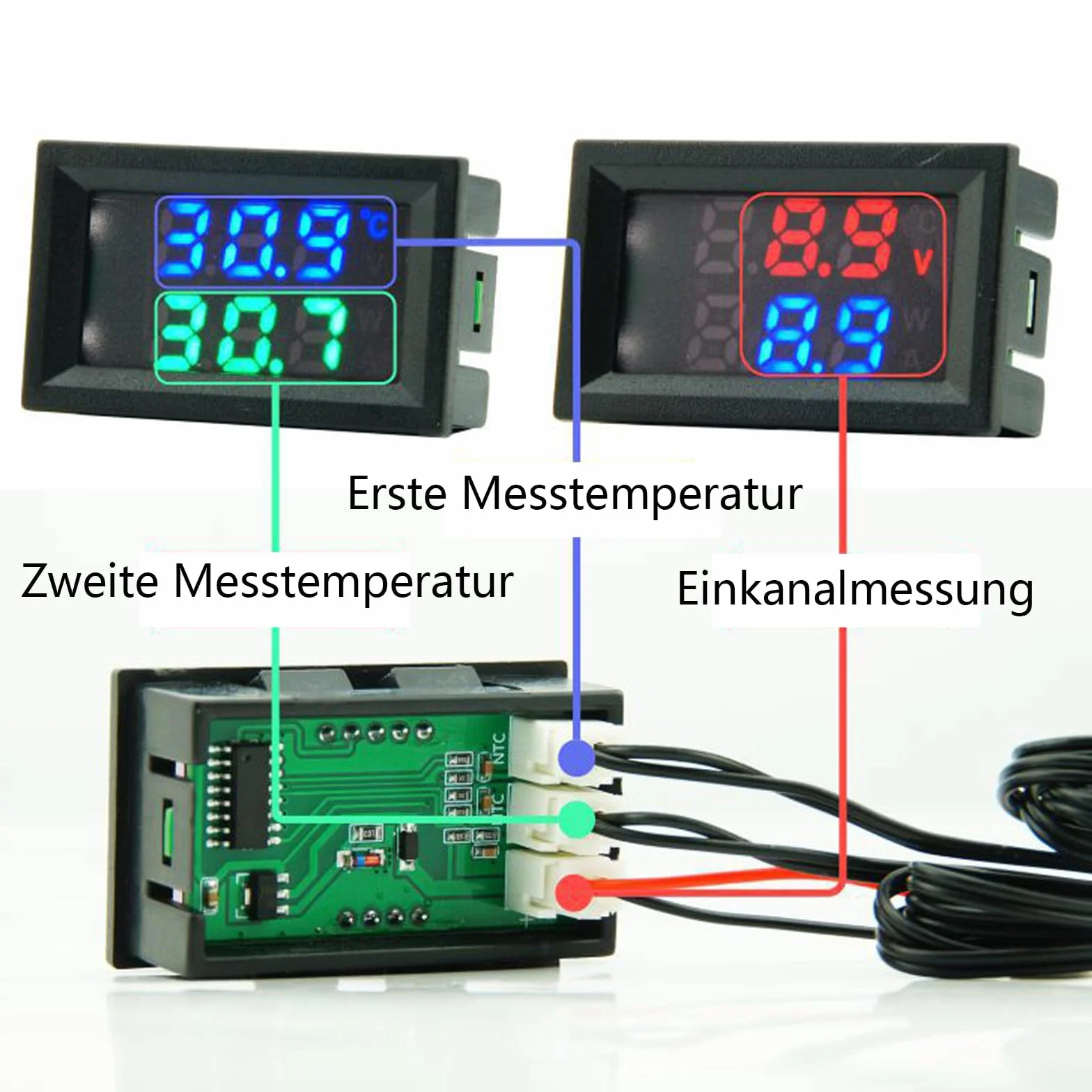 Termometro Digitale Doppio Display 4~30V Alimentazione Diretta Impermeabile Sensore di Temperatura Metallo Rosso Argento Blu