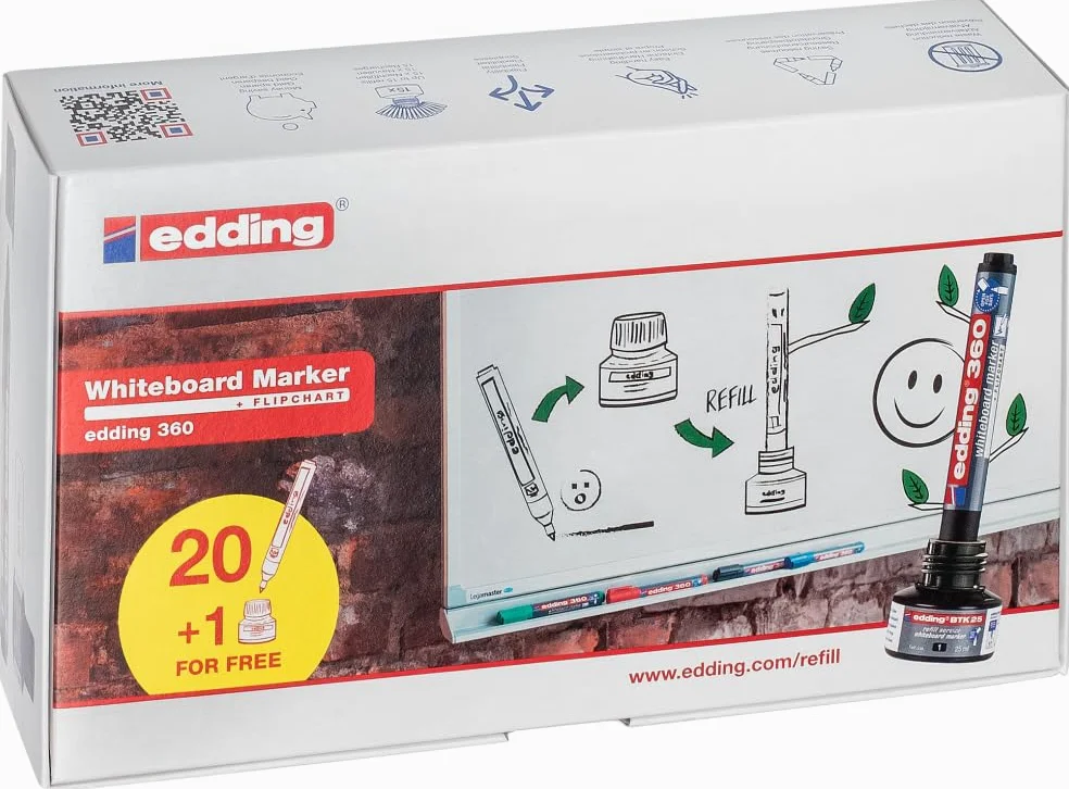 Edding 360 Marcatore per Lavagne Bianche, Nero, 20Pz, Punta Tonda 1.5-3 Mm, per Lavagne Bianche a Secco, Lavagne a Fogli Mobili, Lavagne Magnetiche, Memo, Sketchnotes, Ricaricabili