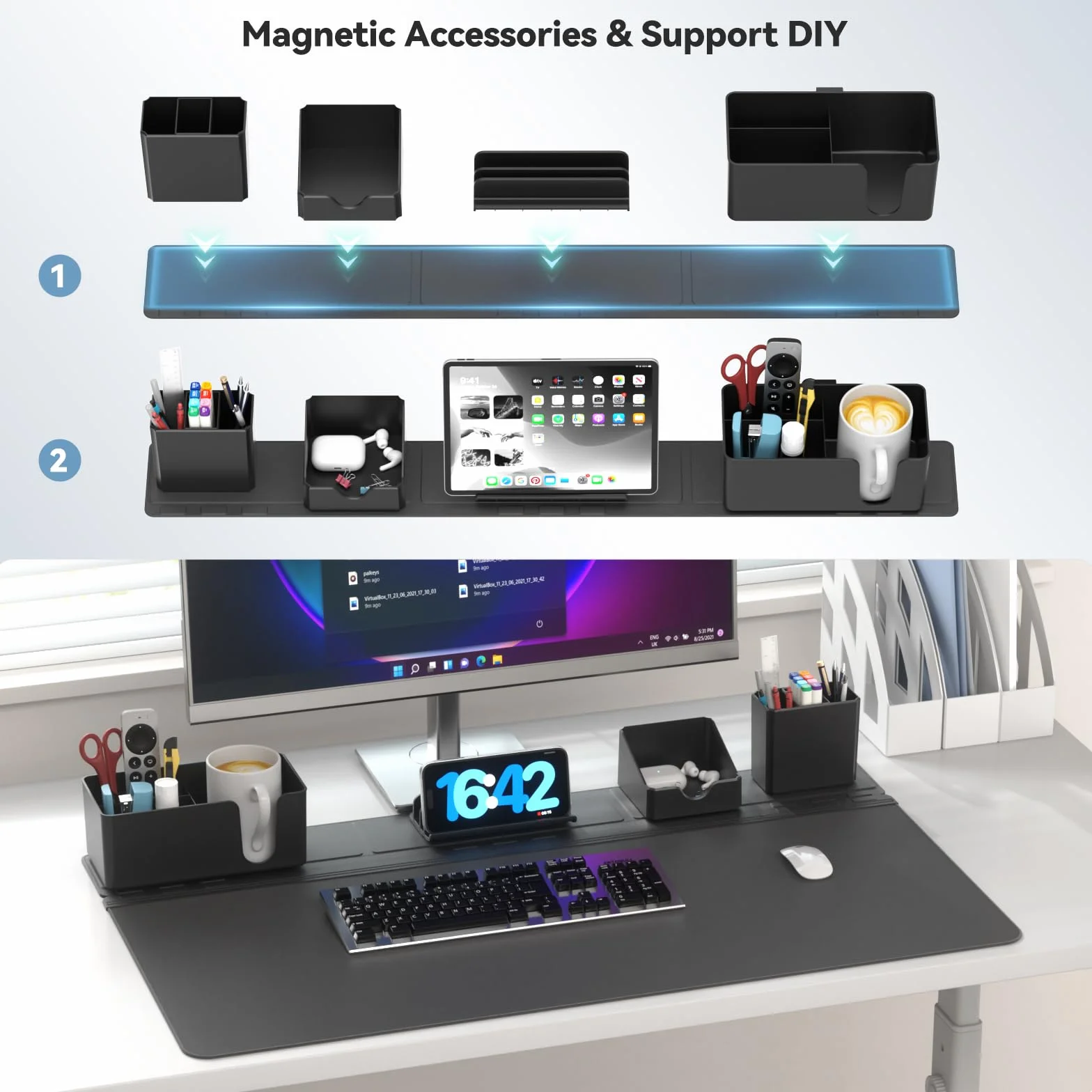 KDD Sottomano Scrivania Set Organizer Magnetici Tappetino Mouse Grande Supporto Telefono Portabicchieri Portapenne Contenitore Portacarte Gaming Ufficio Casa