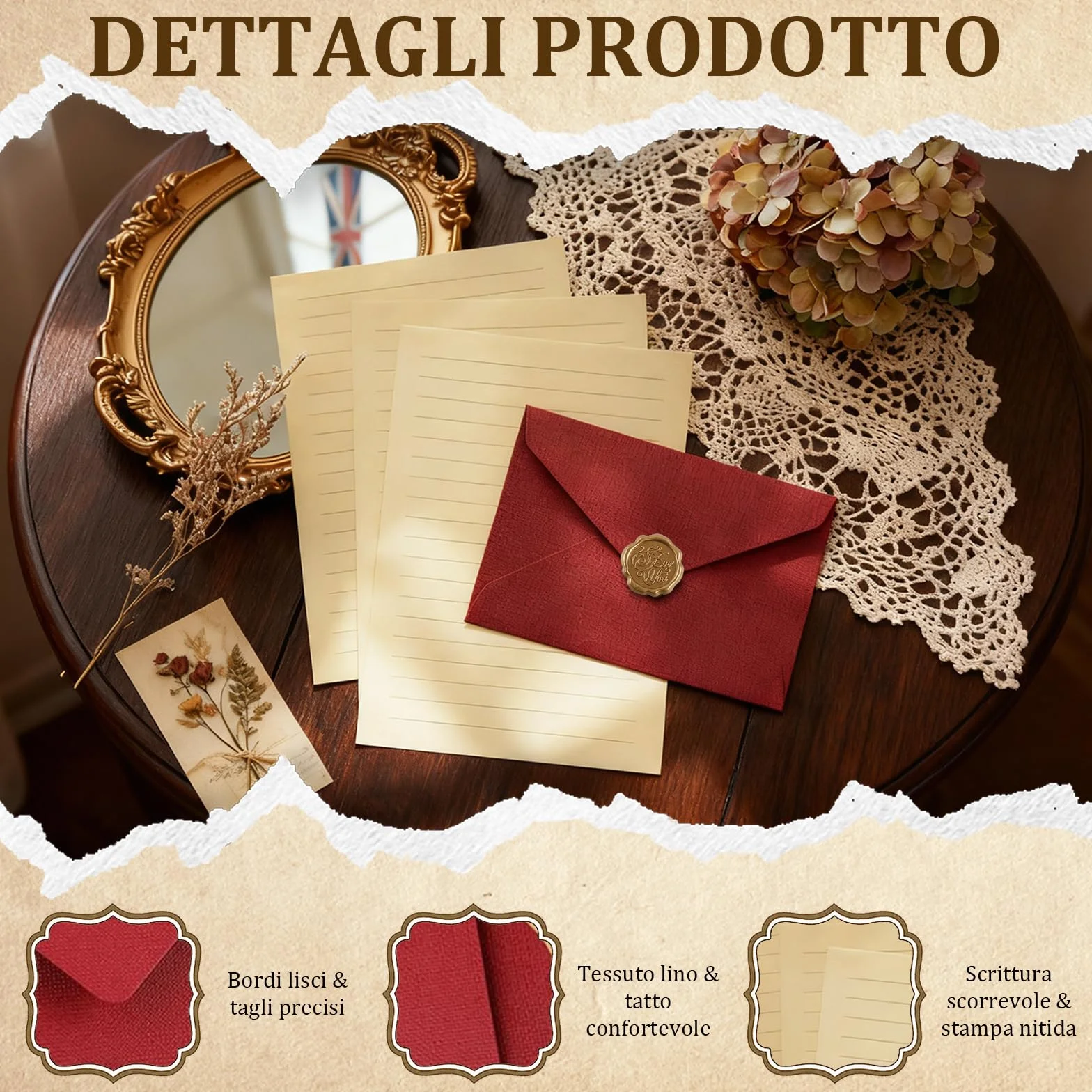 Set Carta da Lettere Vintage 36 Fogli A5 con 8 Buste Lino e Sigilli Cera Kraft