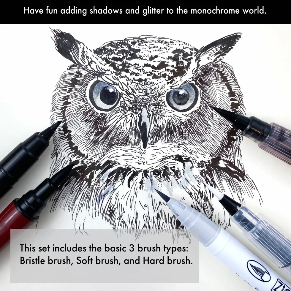 Kuretake Zig Illustration Basic Set No.3, 5 Variety Pens, Fude Brush Pens, Glitter Pen, for Inktober, Manga, Drawing