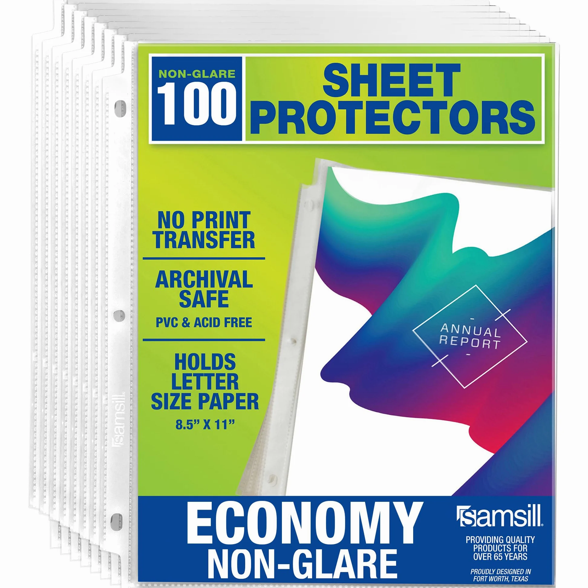 Samsill 100 Non-Glare Standard Weight Sheet Protectors, Reinforced 3 Hole Design Plastic Page Protectors, Archival Safe, Top Load for 8.5 x 11 Inch Sheets, Box of 100